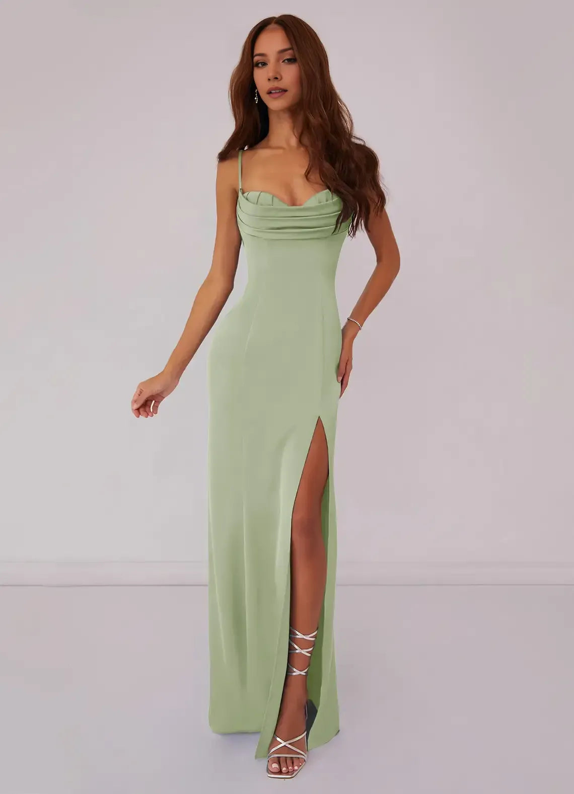 Elegant Sage Green Mermaid Cowl-Neck Spaghetti-Strap Lace-Up-Back Slit Maxi Bridesmaid Dress
