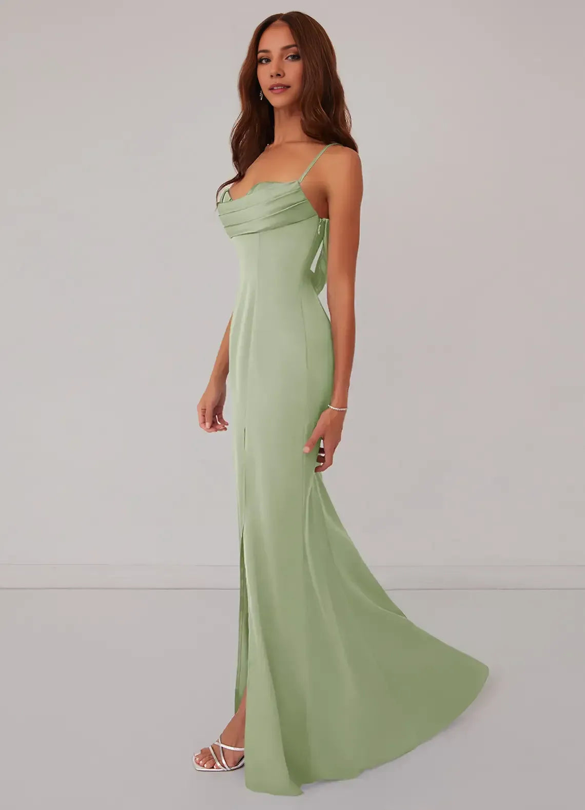 Elegant Sage Green Mermaid Cowl-Neck Spaghetti-Strap Lace-Up-Back Slit Maxi Bridesmaid Dress