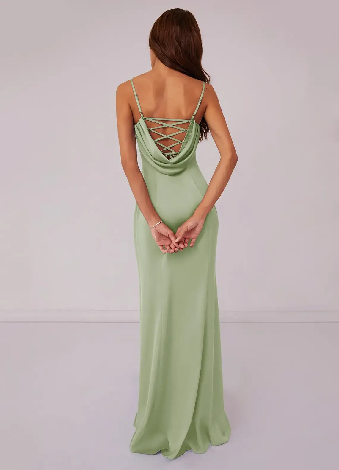 Elegant Sage Green Mermaid Cowl-Neck Spaghetti-Strap Lace-Up-Back Slit Maxi Bridesmaid Dress