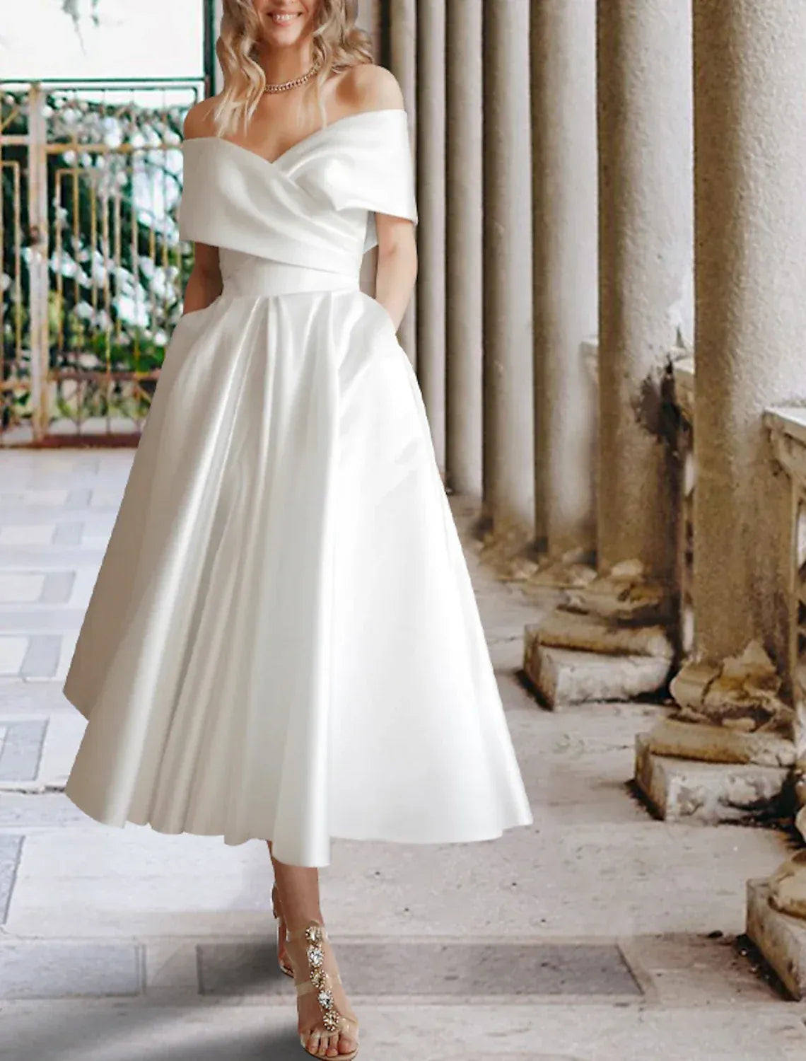 Elegant Tea-Length Off Shoulder Wrap Corset Back Pocket Wedding Dress
