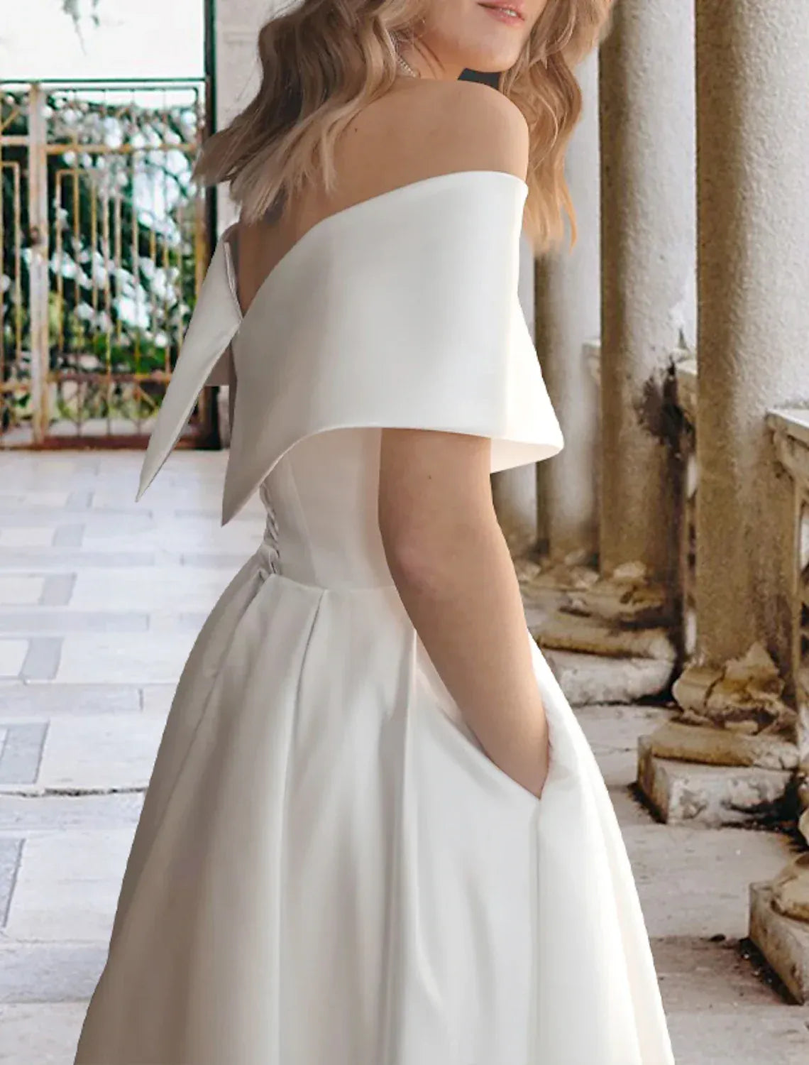 Elegant Tea-Length Off Shoulder Wrap Corset Back Pocket Wedding Dress