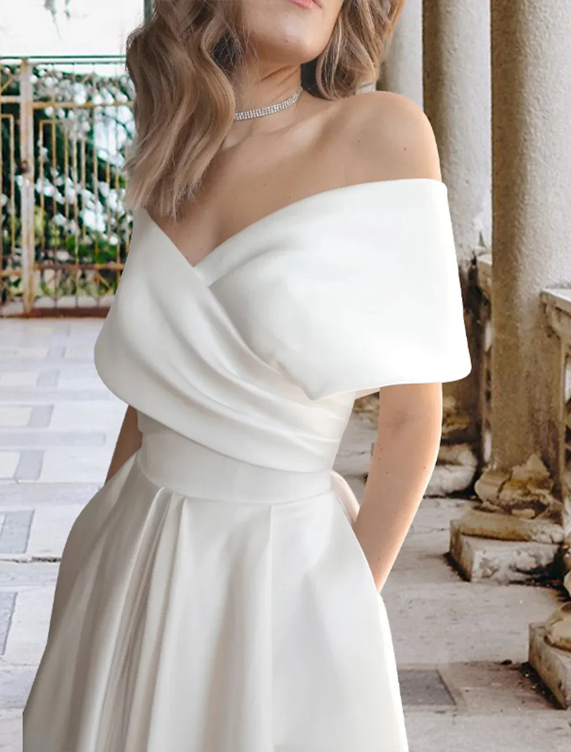 Elegant Tea-Length Off Shoulder Wrap Corset Back Pocket Wedding Dress