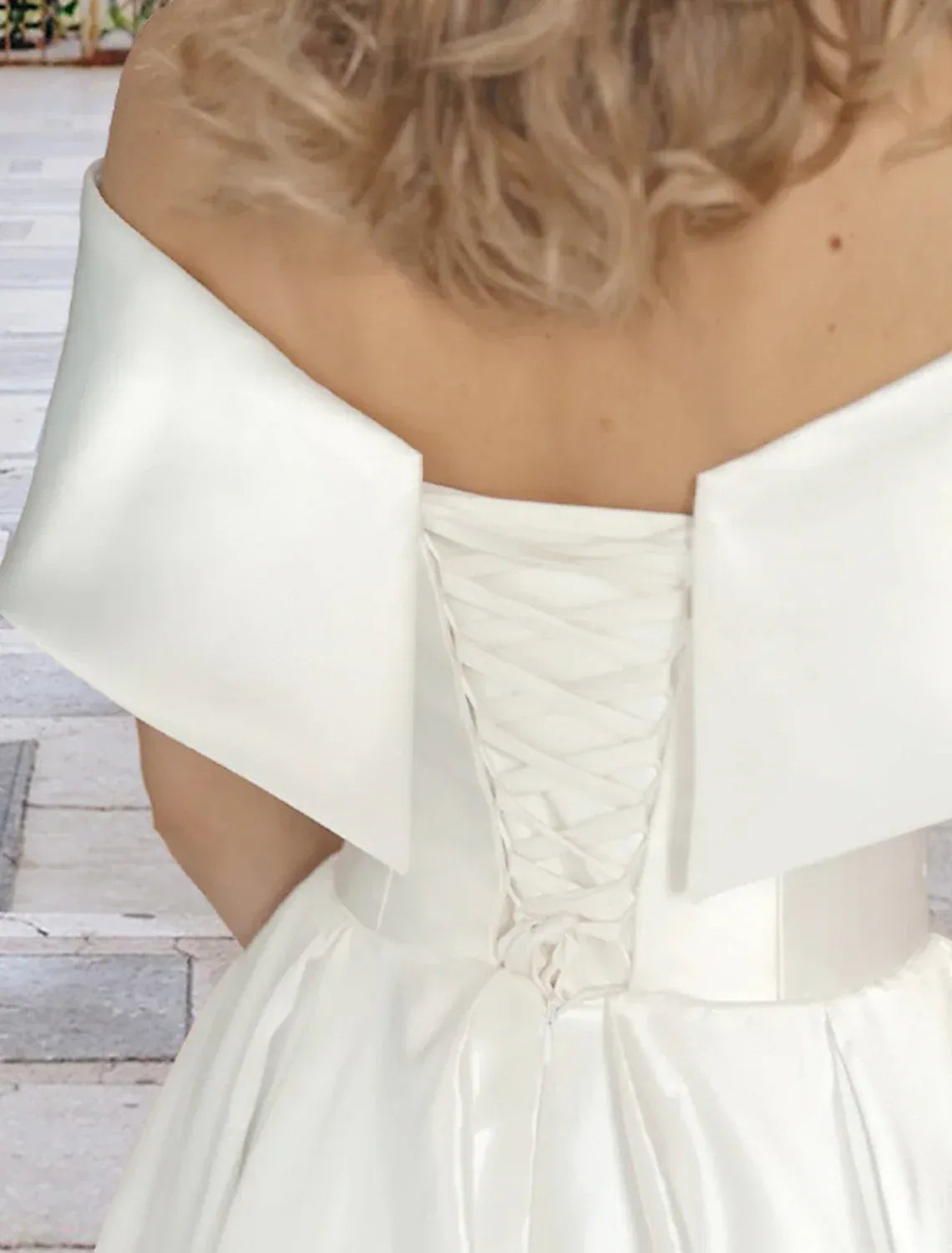 Elegant Tea-Length Off Shoulder Wrap Corset Back Pocket Wedding Dress