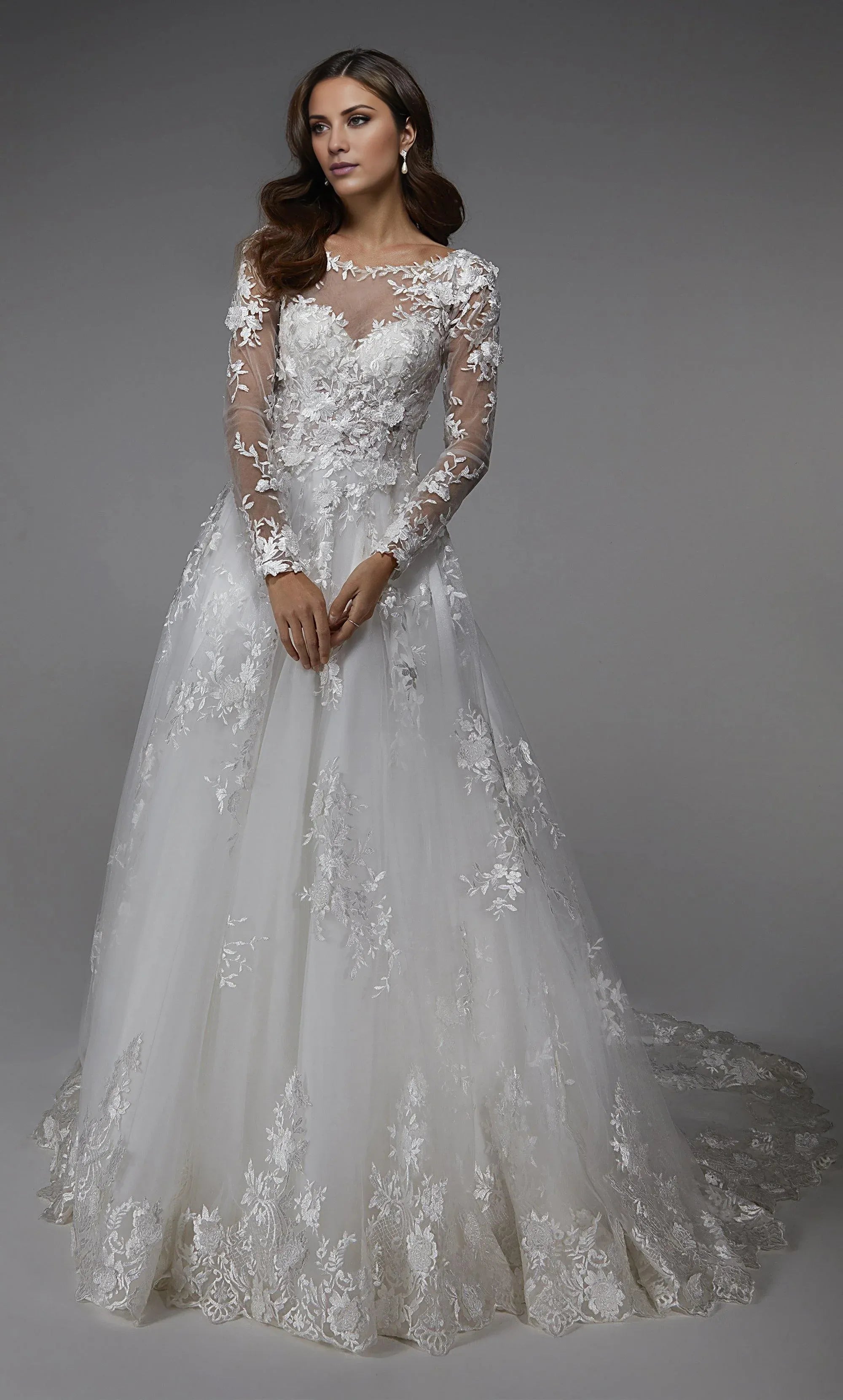 Elegant White Lace A-Line Long-Sleeve Illusion-Neck Wedding Dress with Chapel Train