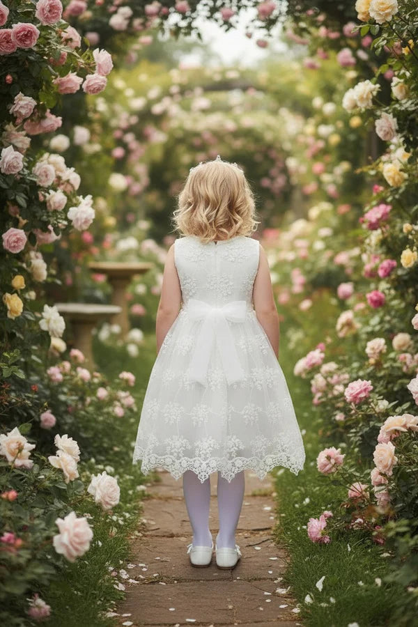 Elegant White Lace A Line Round Neck Sleeveless Bow Back Knee Length Flower Girl Wedding Dress