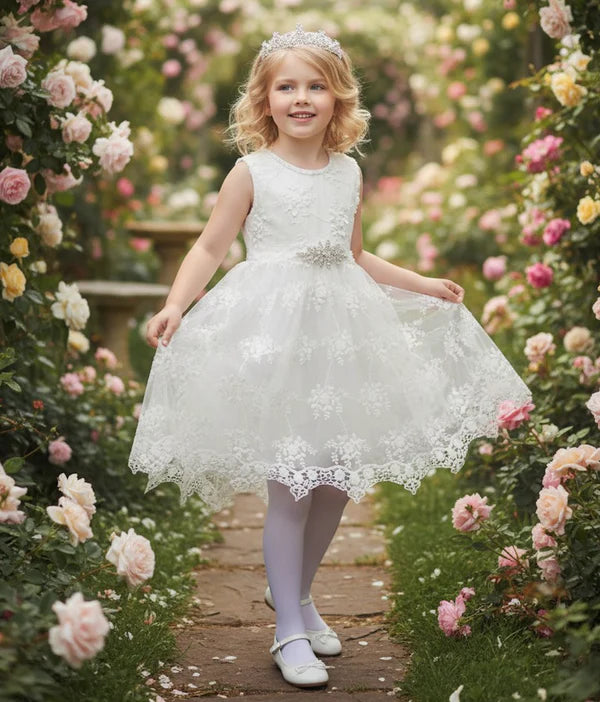 Elegant White Lace A Line Round Neck Sleeveless Bow Back Knee Length Flower Girl Wedding Dress