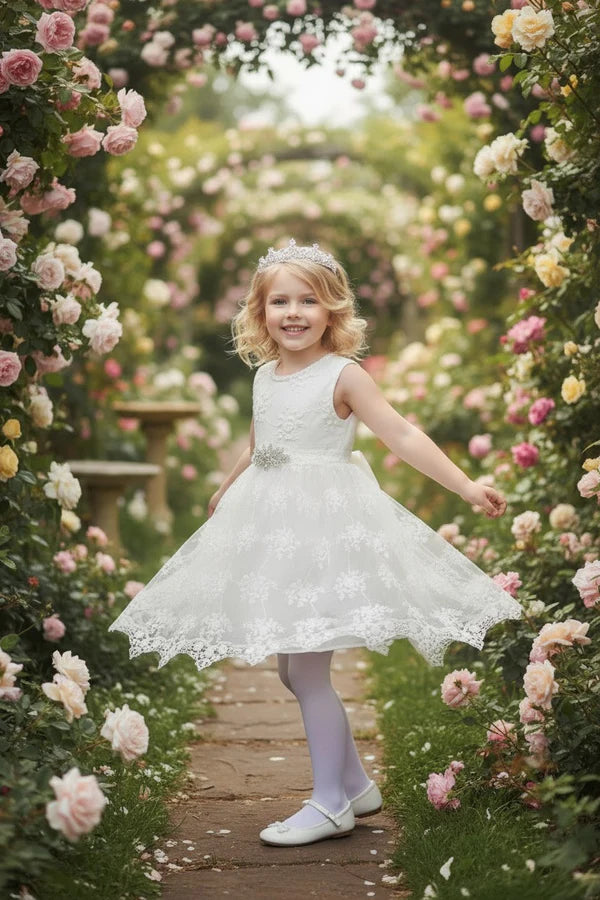 Elegant White Lace A Line Round Neck Sleeveless Bow Back Knee Length Flower Girl Wedding Dress