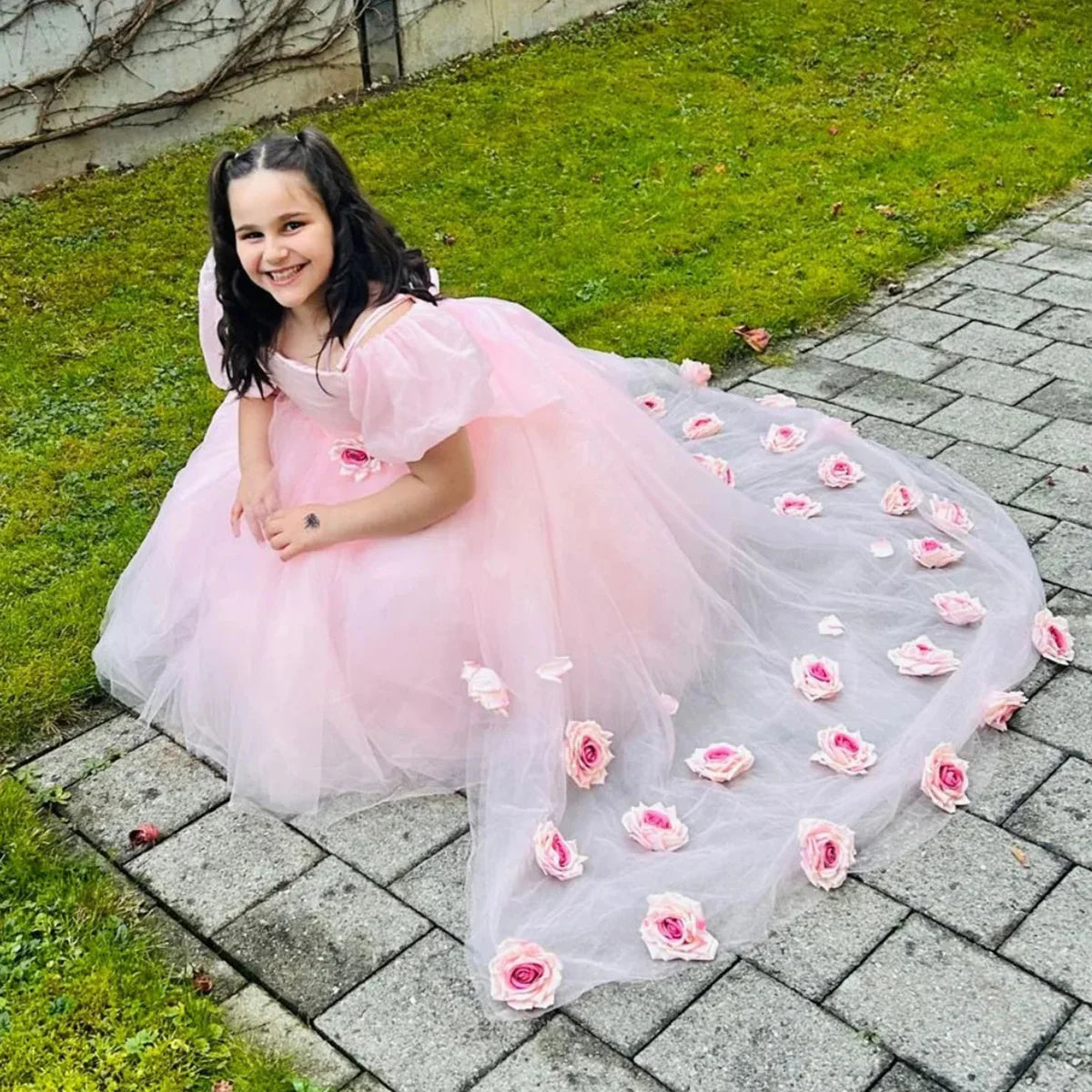 Elegant A-Line Square Neck Puff Sleeve Open Back  Floor-Length Girl Dress