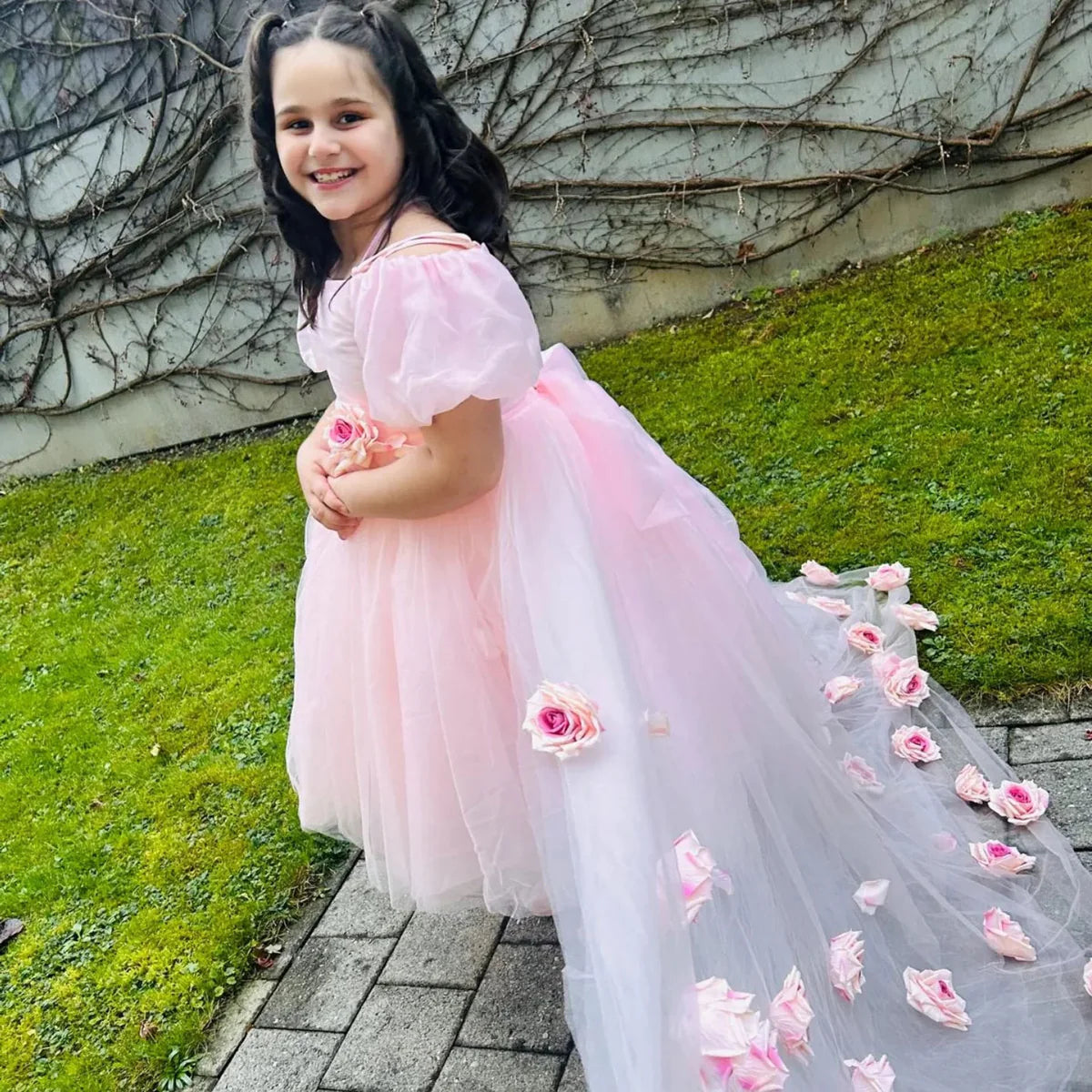 Elegant A-Line Square Neck Puff Sleeve Open Back  Floor-Length Girl Dress