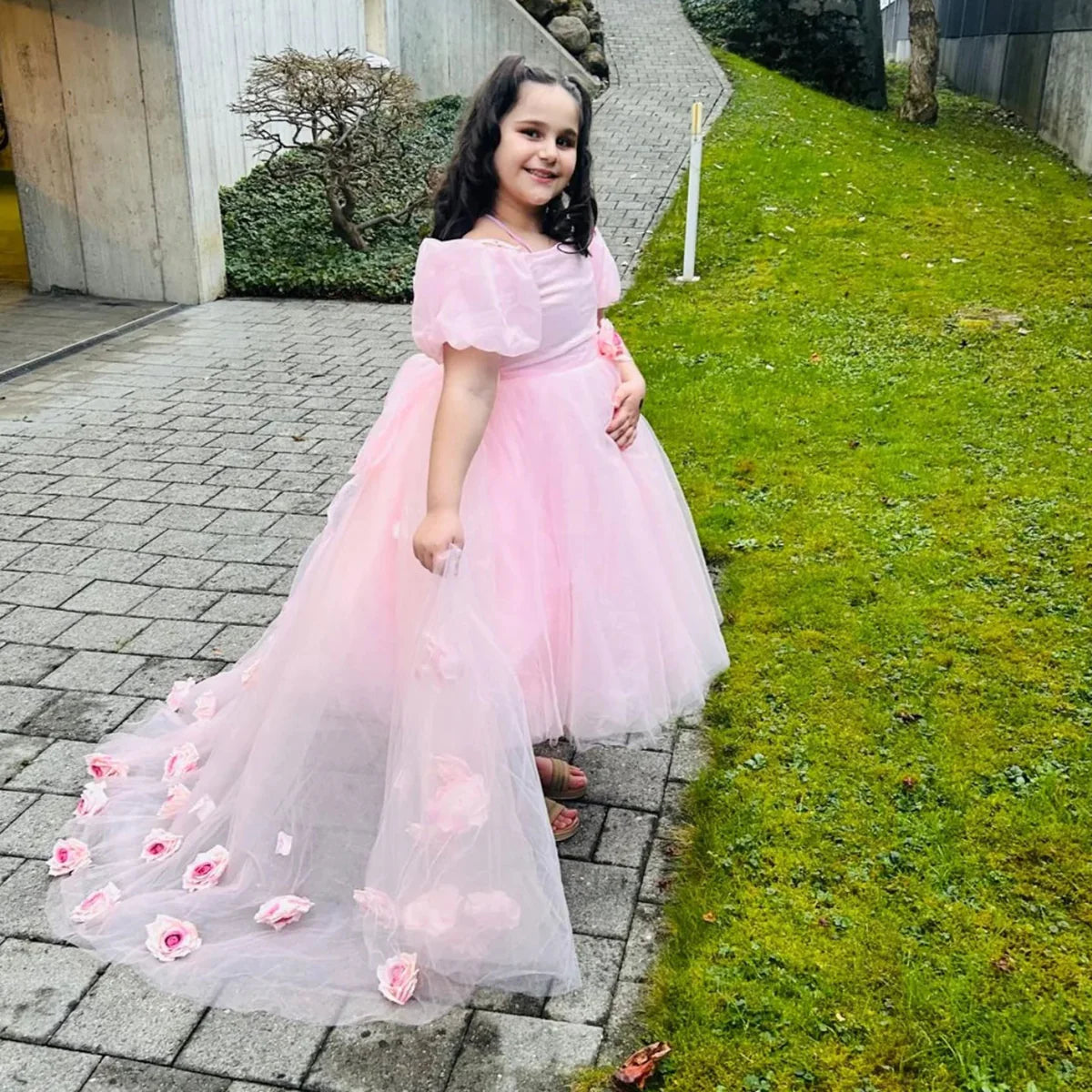 Elegant A-Line Square Neck Puff Sleeve Open Back  Floor-Length Girl Dress