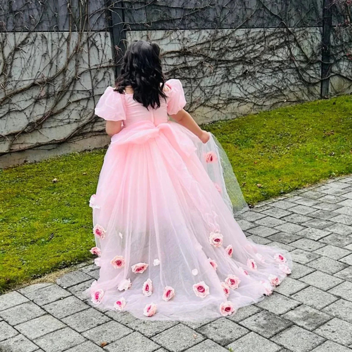 Elegant A-Line Square Neck Puff Sleeve Open Back  Floor-Length Girl Dress