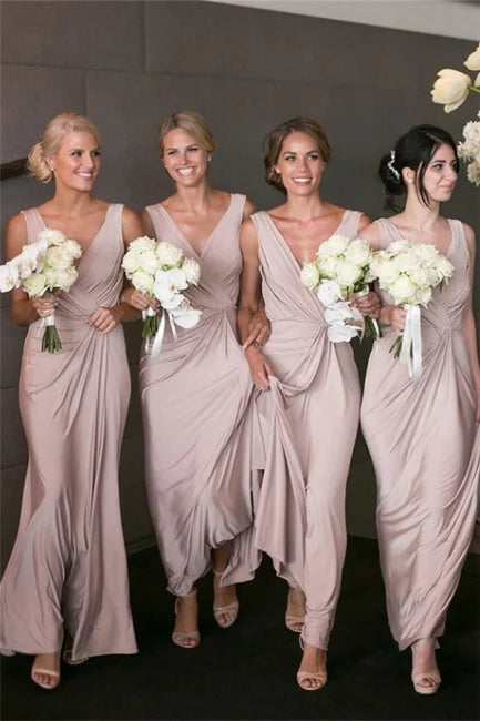 Elegant A-Line V-neck Sleeveless Backless Floor-Length Bridesmaid Dress