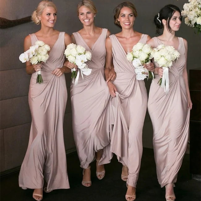 Elegant A-Line V-neck Sleeveless Backless Floor-Length Bridesmaid Dress
