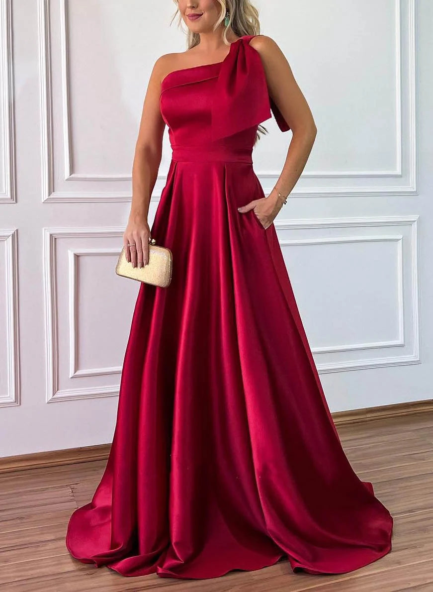Elegant A Line One Shoulde Sleeveless Bow knot Floor-Length Bridesmaid Dress
