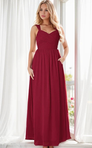Elegant Burgundy A-Line Wide Strap Maxi Plus Size Bridesmaid Dress Simple Casual Ruched Guest Dress