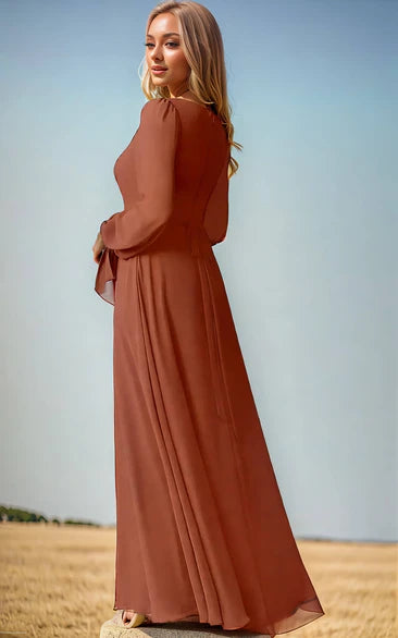 Elegant Chiffon Square Neck A-Line Bridesmaid Dress Simple Solid Long Sleeve Floor-length Zipper Back Sash Split Bridesmaid Gown