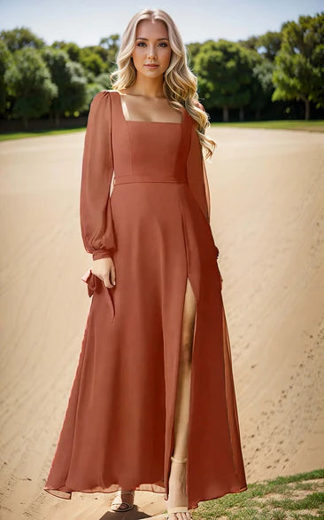 Elegant Chiffon Square Neck A-Line Bridesmaid Dress Simple Solid Long Sleeve Floor-length Zipper Back Sash Split Bridesmaid Gown