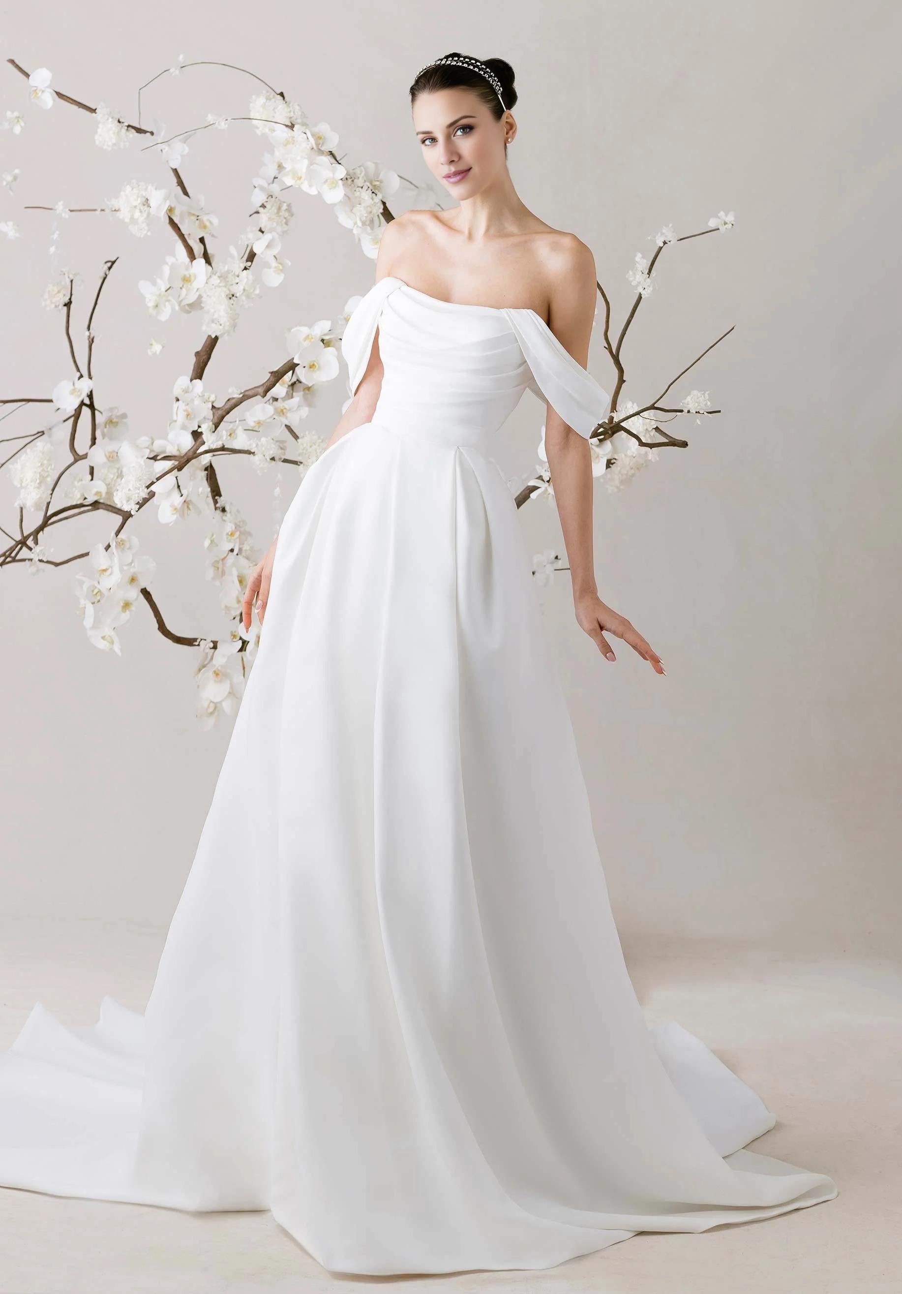Elegant Off-the-Shoulder Satin Ball Gown Wedding Dress with Button Back Detail