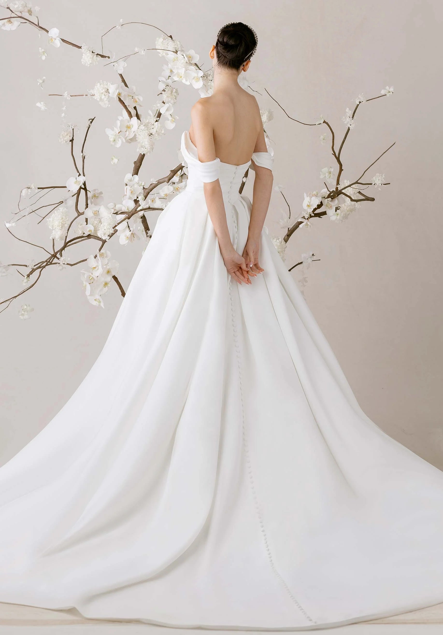 Elegant Off-the-Shoulder Satin Ball Gown Wedding Dress with Button Back Detail
