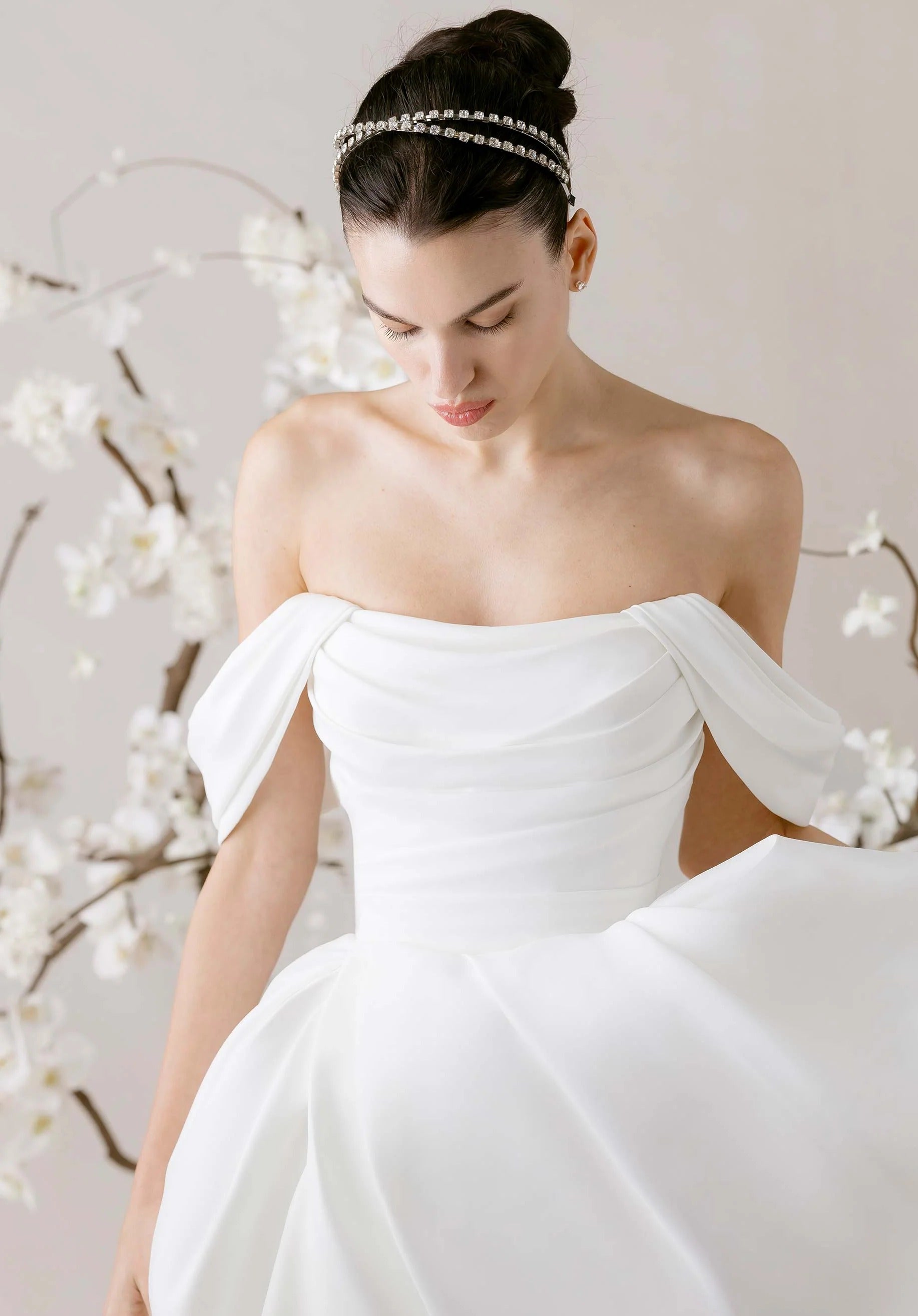 Elegant Off-the-Shoulder Satin Ball Gown Wedding Dress with Button Back Detail