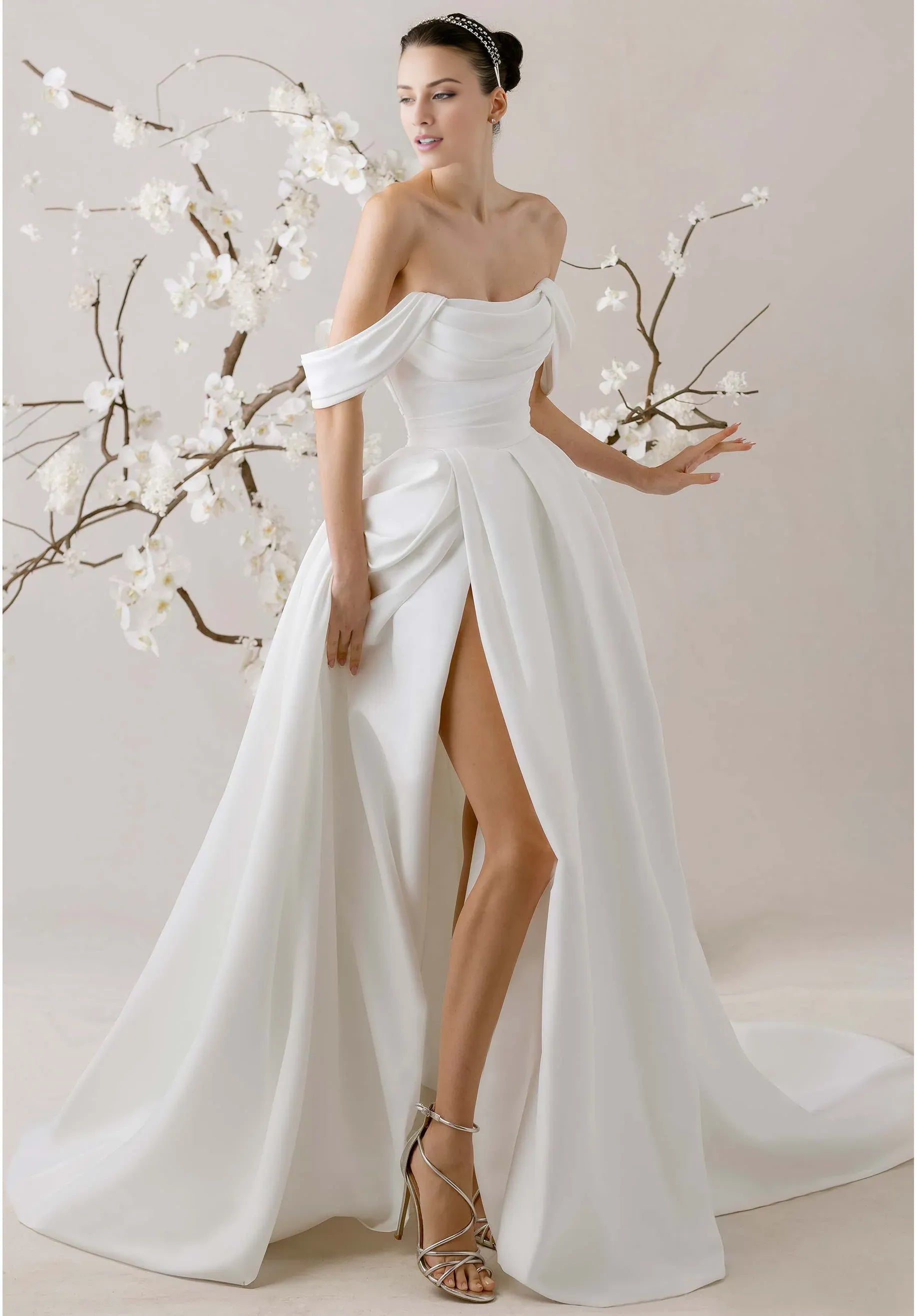 Elegant Off-the-Shoulder Satin Ball Gown Wedding Dress with Button Back Detail