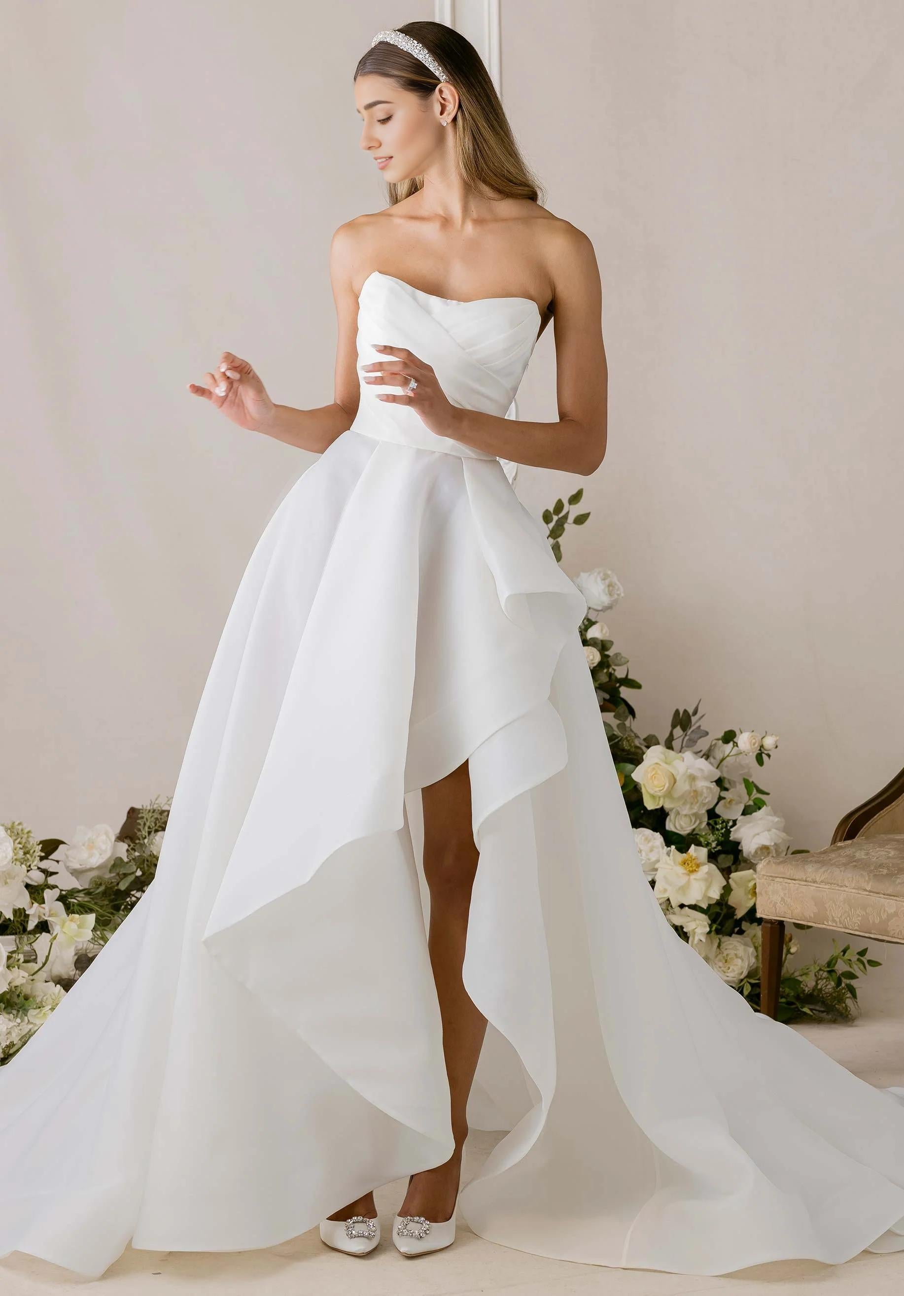 Elegant Strapless High-Low Ruffle Wedding Dress with Train