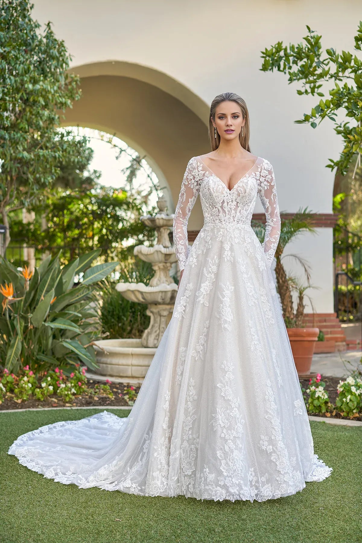 Elegant A‑Line Deep V Long Sleeve Lace Illusion Back Glitter Garden Wedding Dress