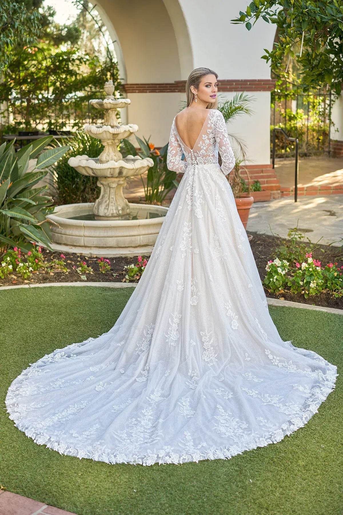 Elegant A‑Line Deep V Long Sleeve Lace Illusion Back Glitter Garden Wedding Dress