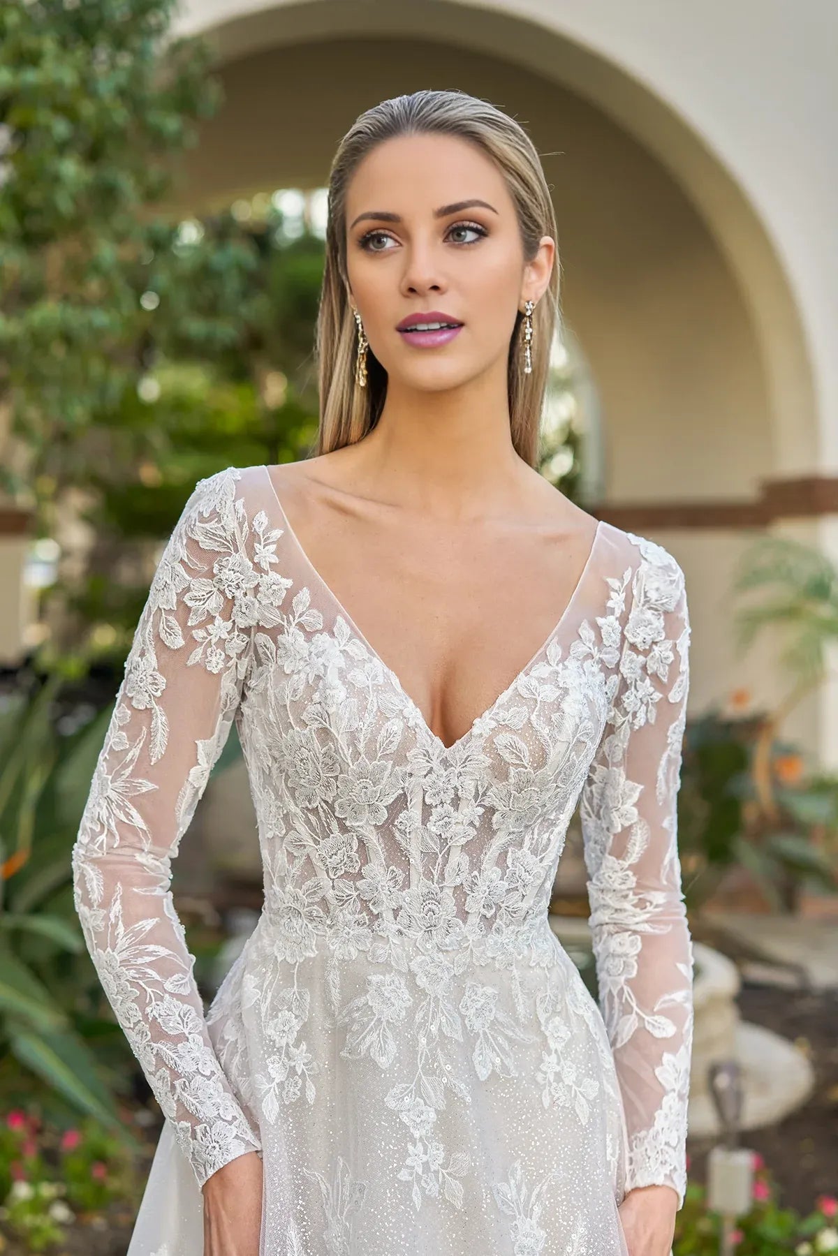 Elegant A‑Line Deep V Long Sleeve Lace Illusion Back Glitter Garden Wedding Dress