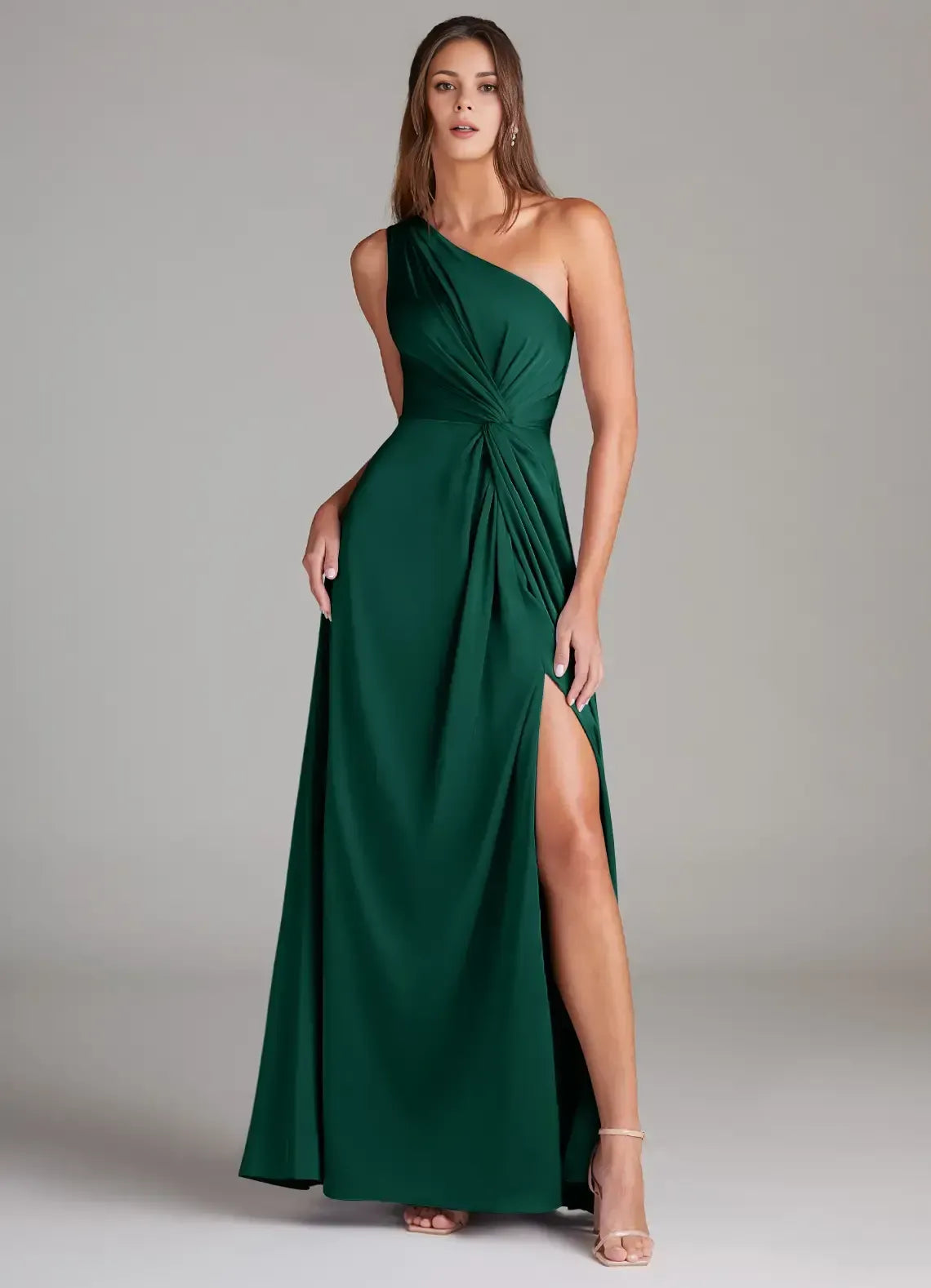 Elegant A‑Line One‑Shoulder Twisted‑Bust Plain‑Back Floor‑Length Wedding Bridesmaid Dress