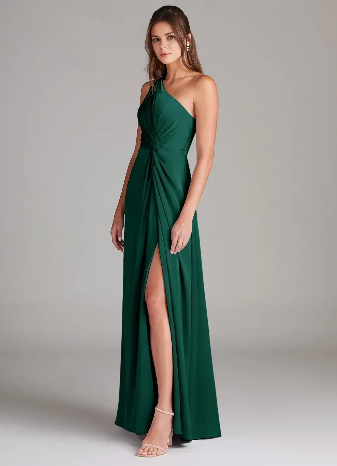 Elegant A‑Line One‑Shoulder Twisted‑Bust Plain‑Back Floor‑Length Wedding Bridesmaid Dress