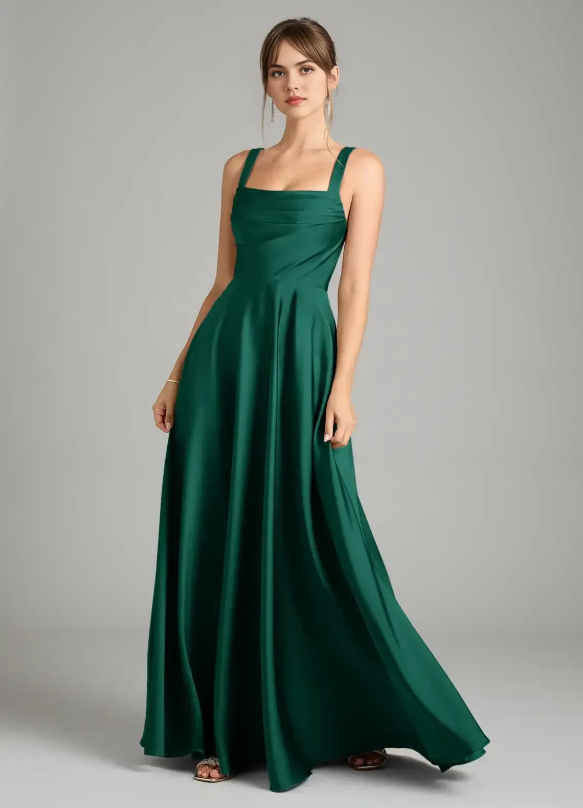 Elegant A‑Line Pleated Square‑Neck Wide‑Strap Plain‑Back Floor‑Length Wedding Bridesmaid Dress