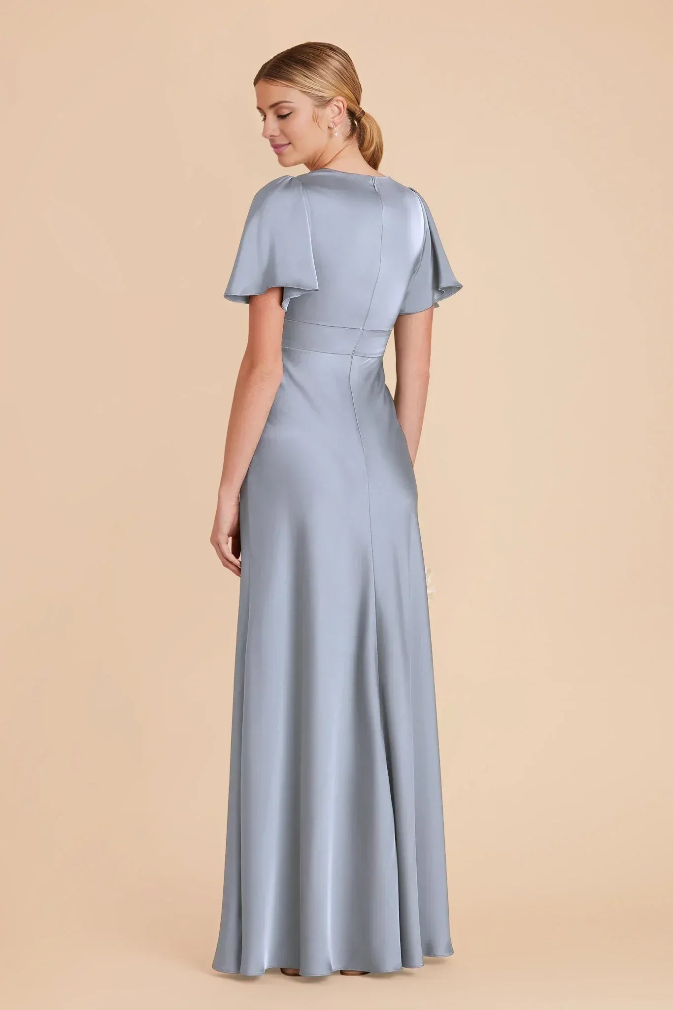 Elegant A‑Line V‑Neck Flutter Sleeve Straight Back Maxi Wedding Bridesmaid Dress