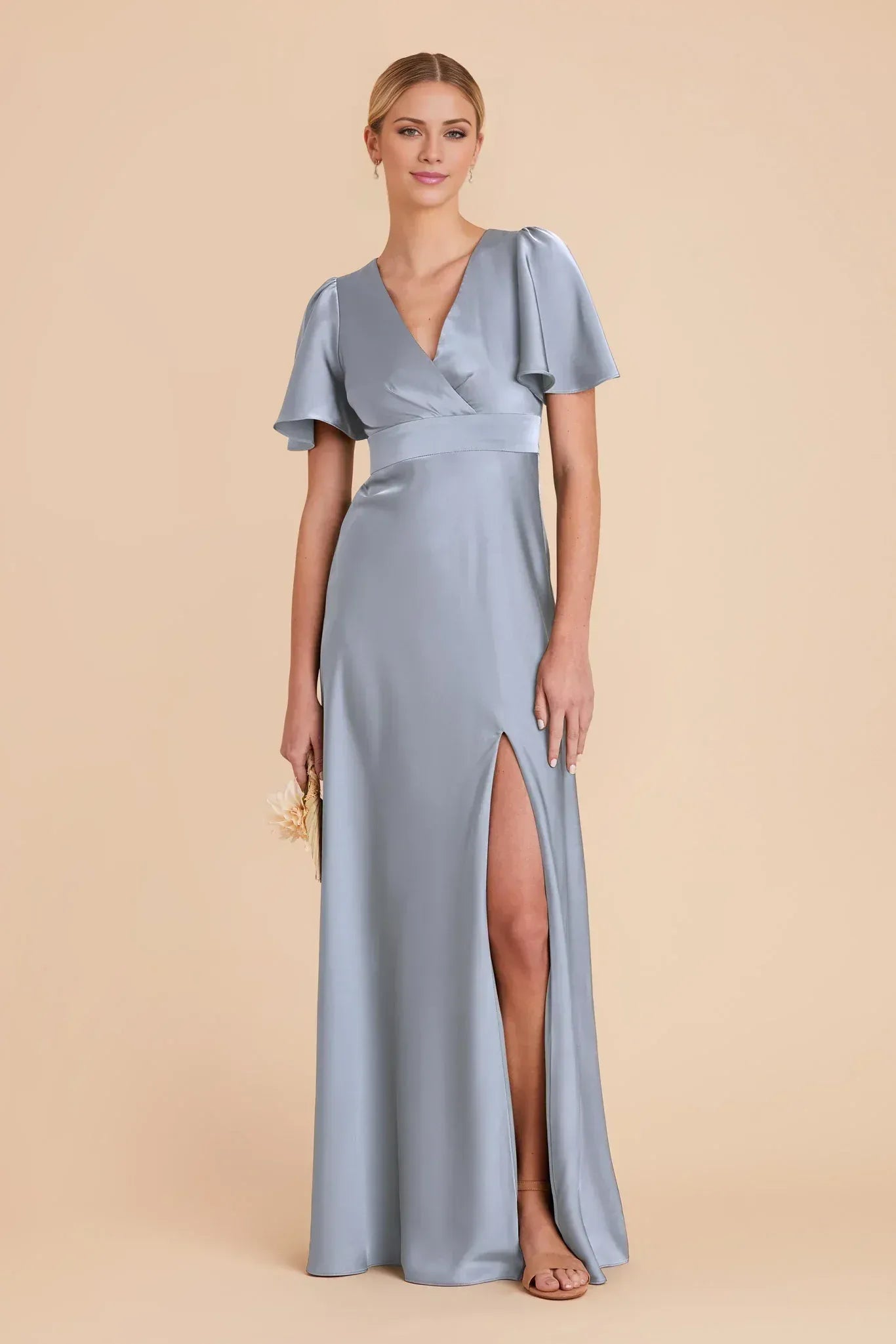 Elegant A‑Line V‑Neck Flutter Sleeve Straight Back Maxi Wedding Bridesmaid Dress