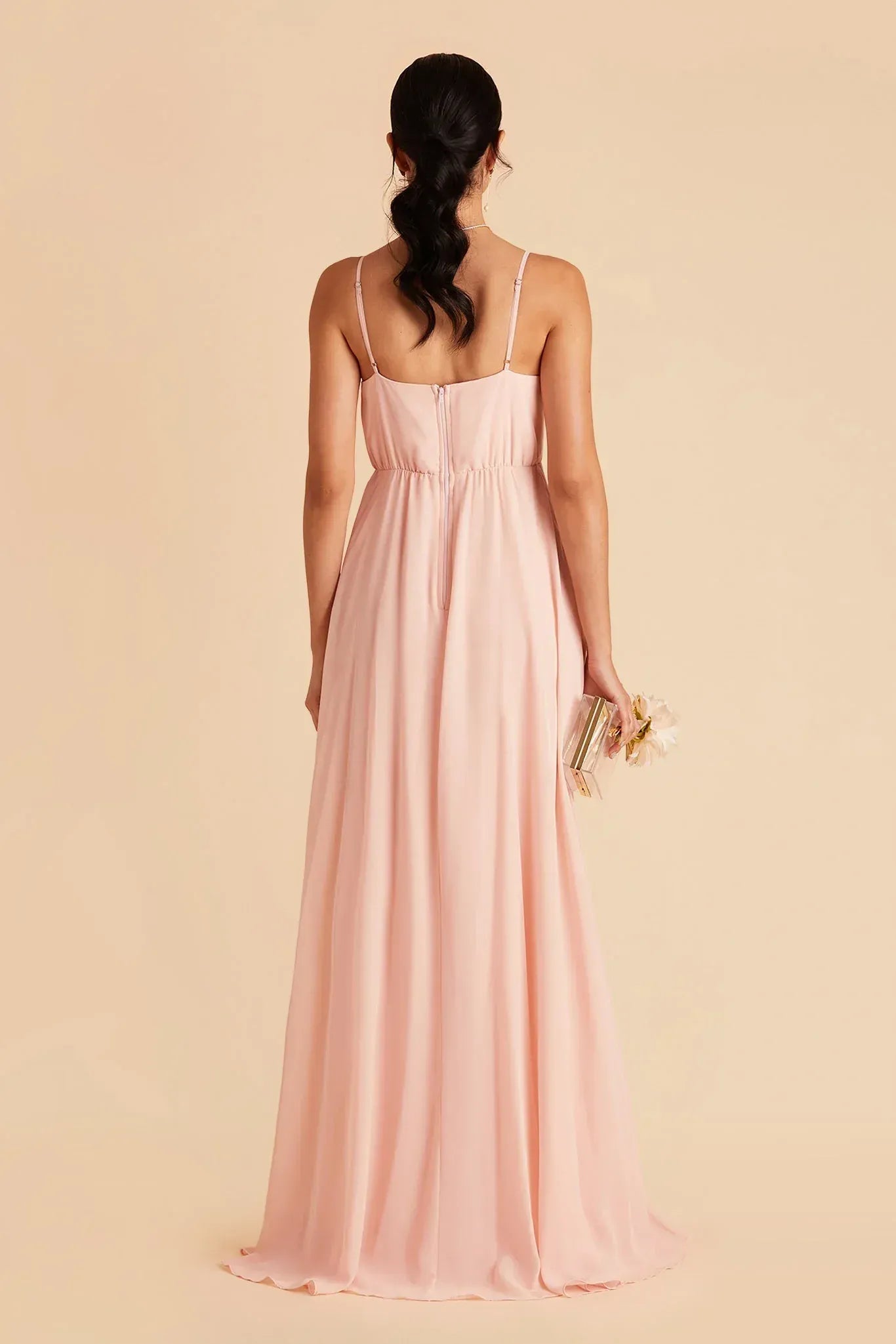 Romantic A‑Line Pleated V‑Neck Spaghetti‑Strap Low V‑Back Floor‑Length Wedding Bridesmaid Dress