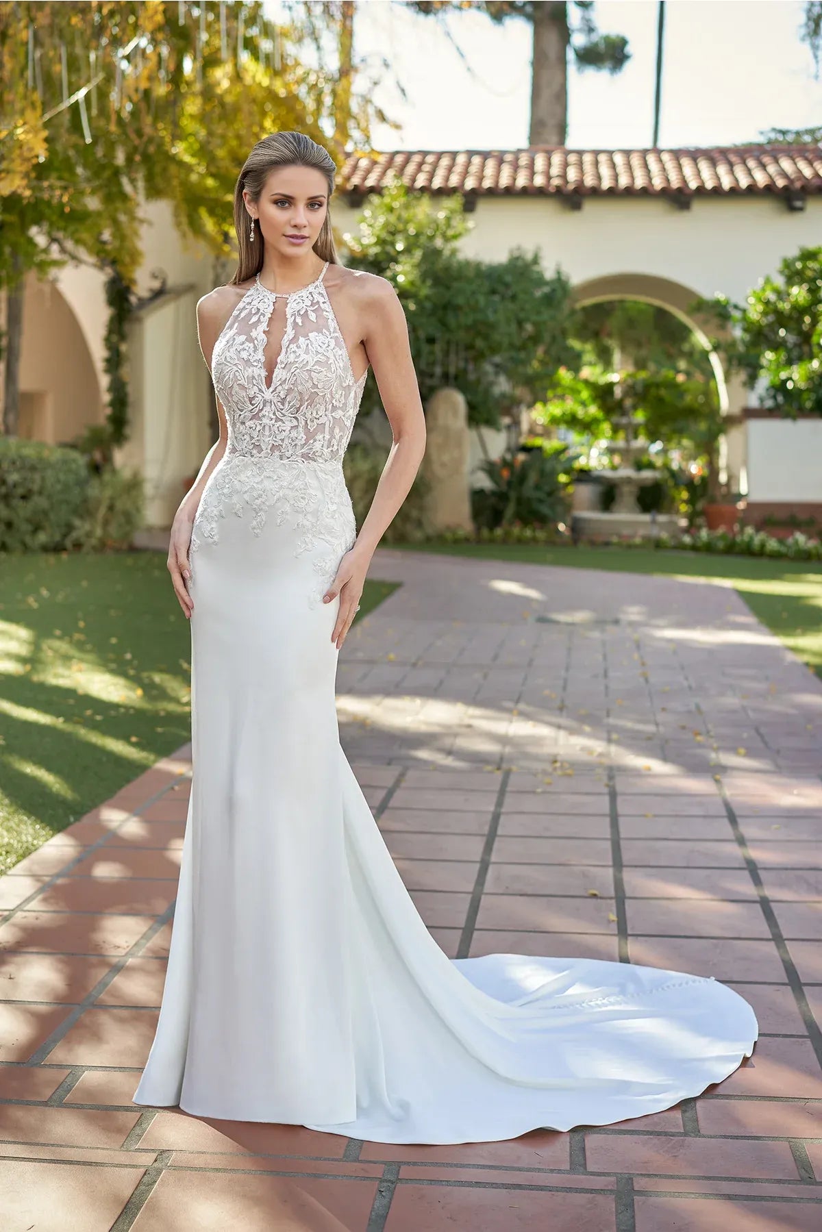 Elegant Halter Neck Lace Crepe Mermaid Crisscross Back Floor Garden Wedding Dress