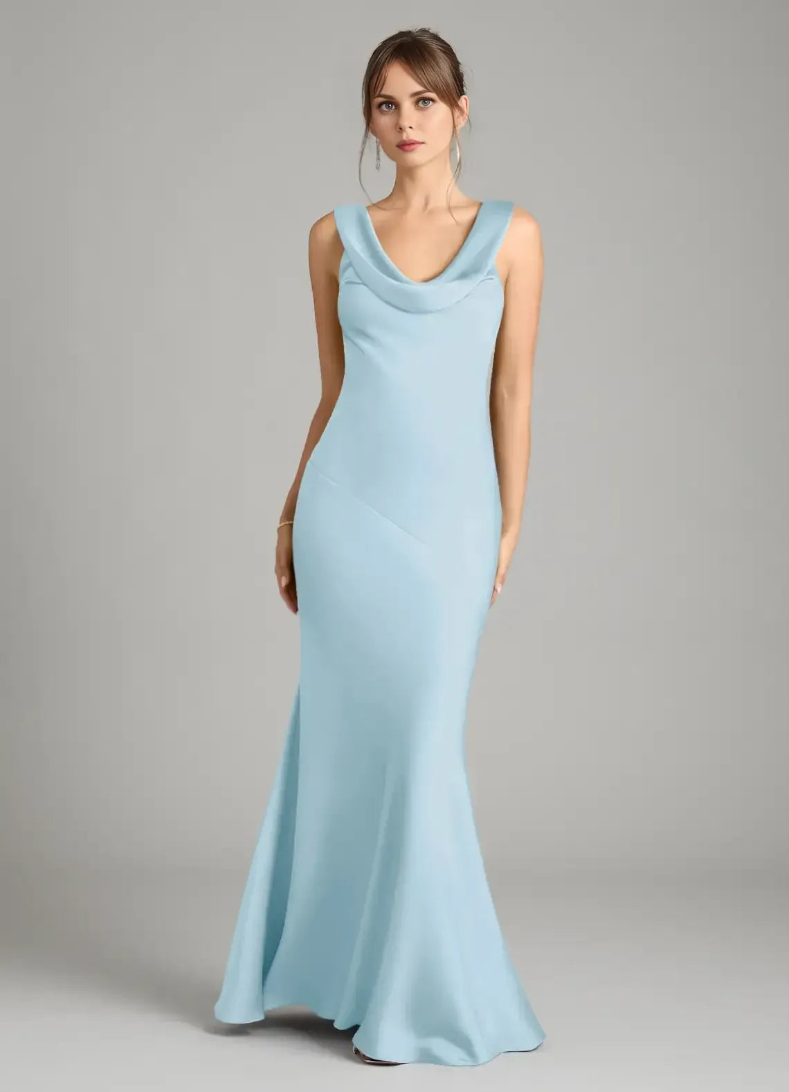 Elegant Mermaid Cowl‑Neck Sleeveless Tie‑Back Floor‑Length Wedding Bridesmaid Dress