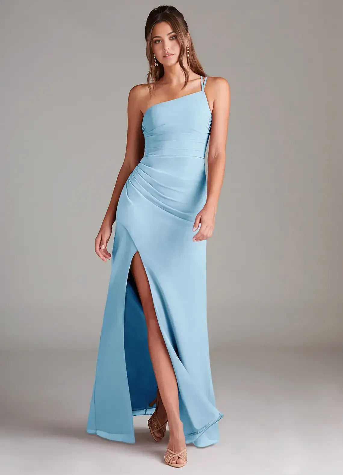 Elegant Mermaid One‑Shoulder Ruched‑Bust Low‑Back Floor‑Length Wedding Bridesmaid Dress