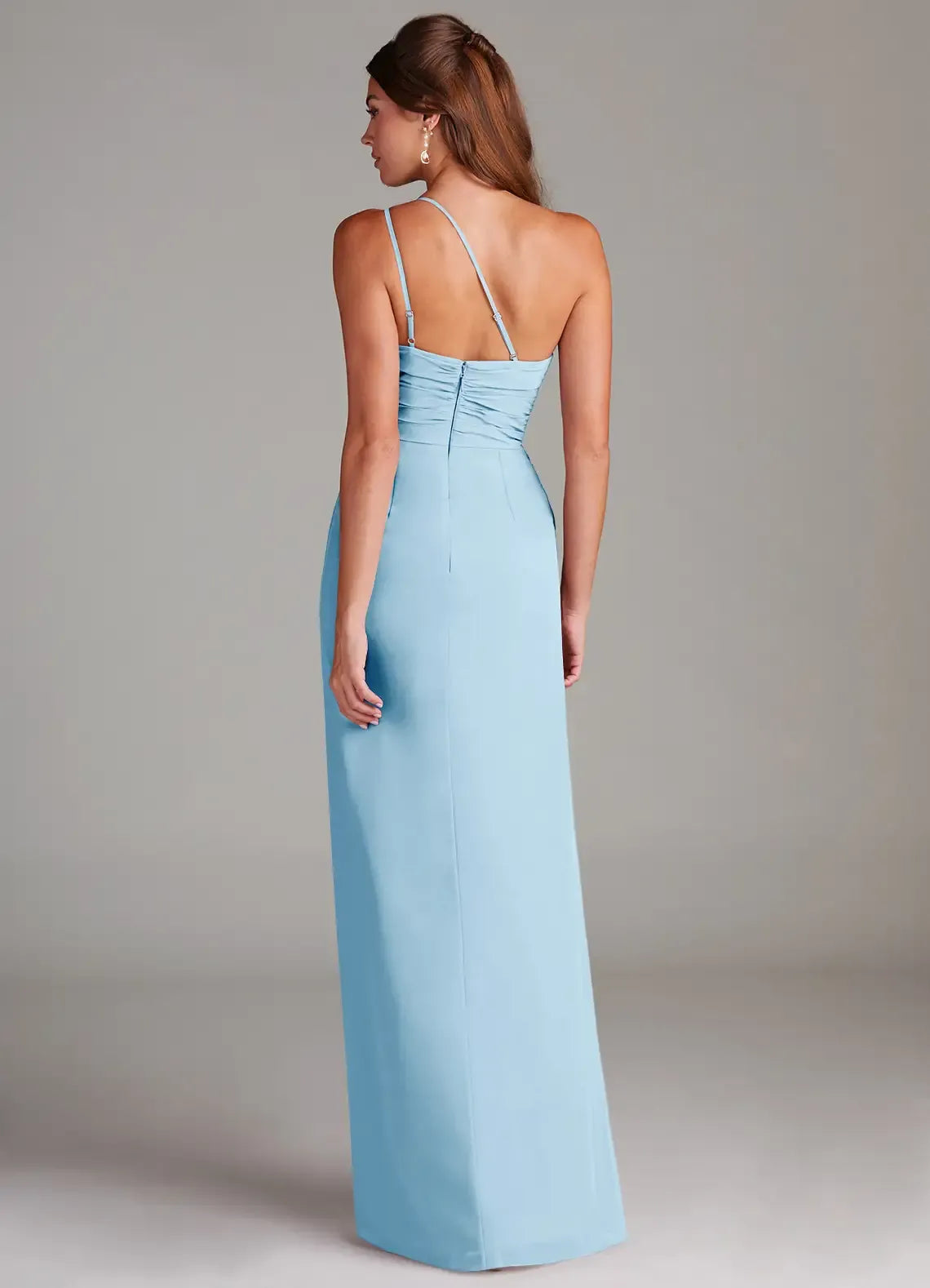 Elegant Mermaid One‑Shoulder Ruched‑Bust Low‑Back Floor‑Length Wedding Bridesmaid Dress
