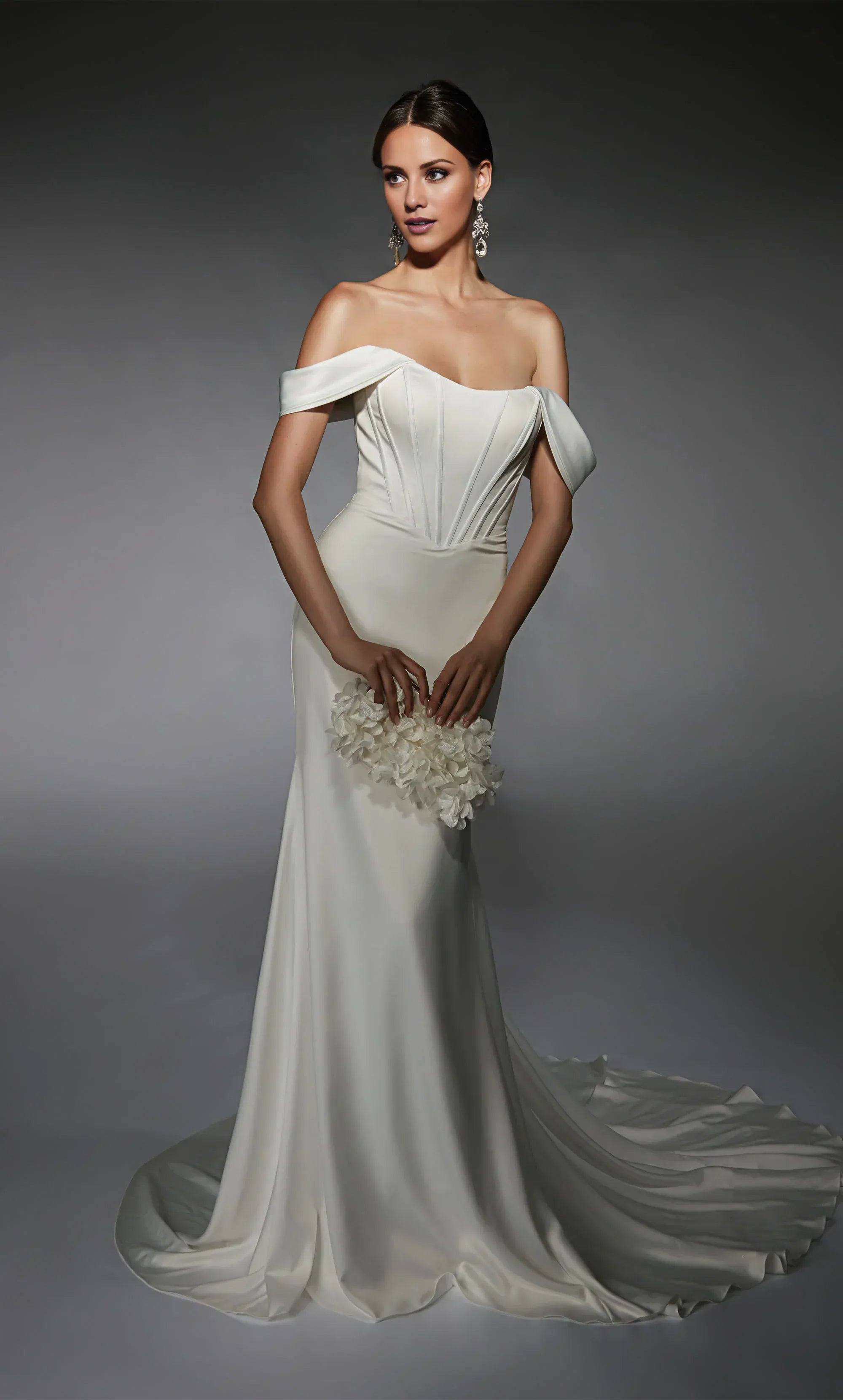Elegant Off‑The‑Shoulder Satin Mermaid Corset‑Seam Low‑Back Wedding Dress