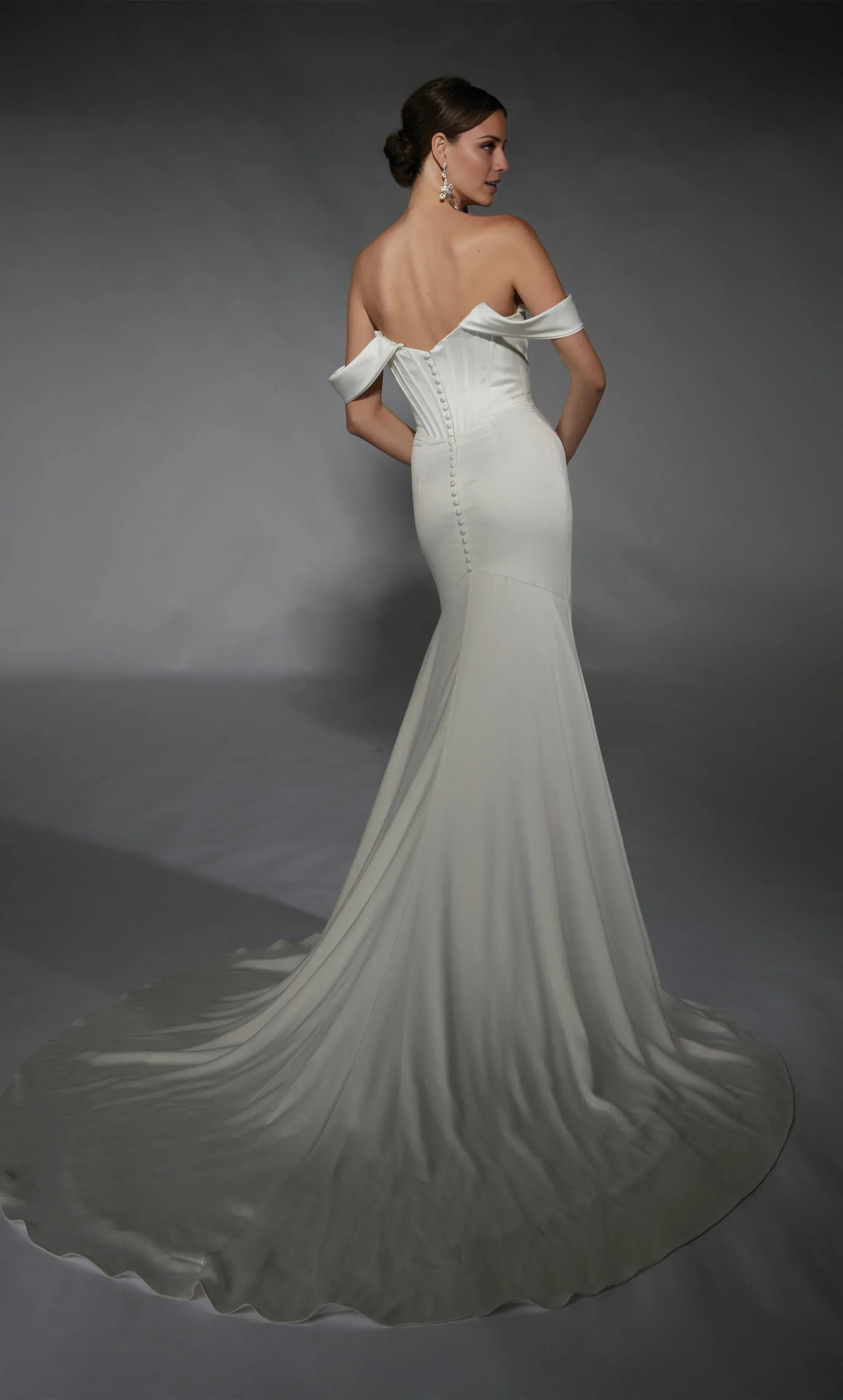 Elegant Off‑The‑Shoulder Satin Mermaid Corset‑Seam Low‑Back Wedding Dress