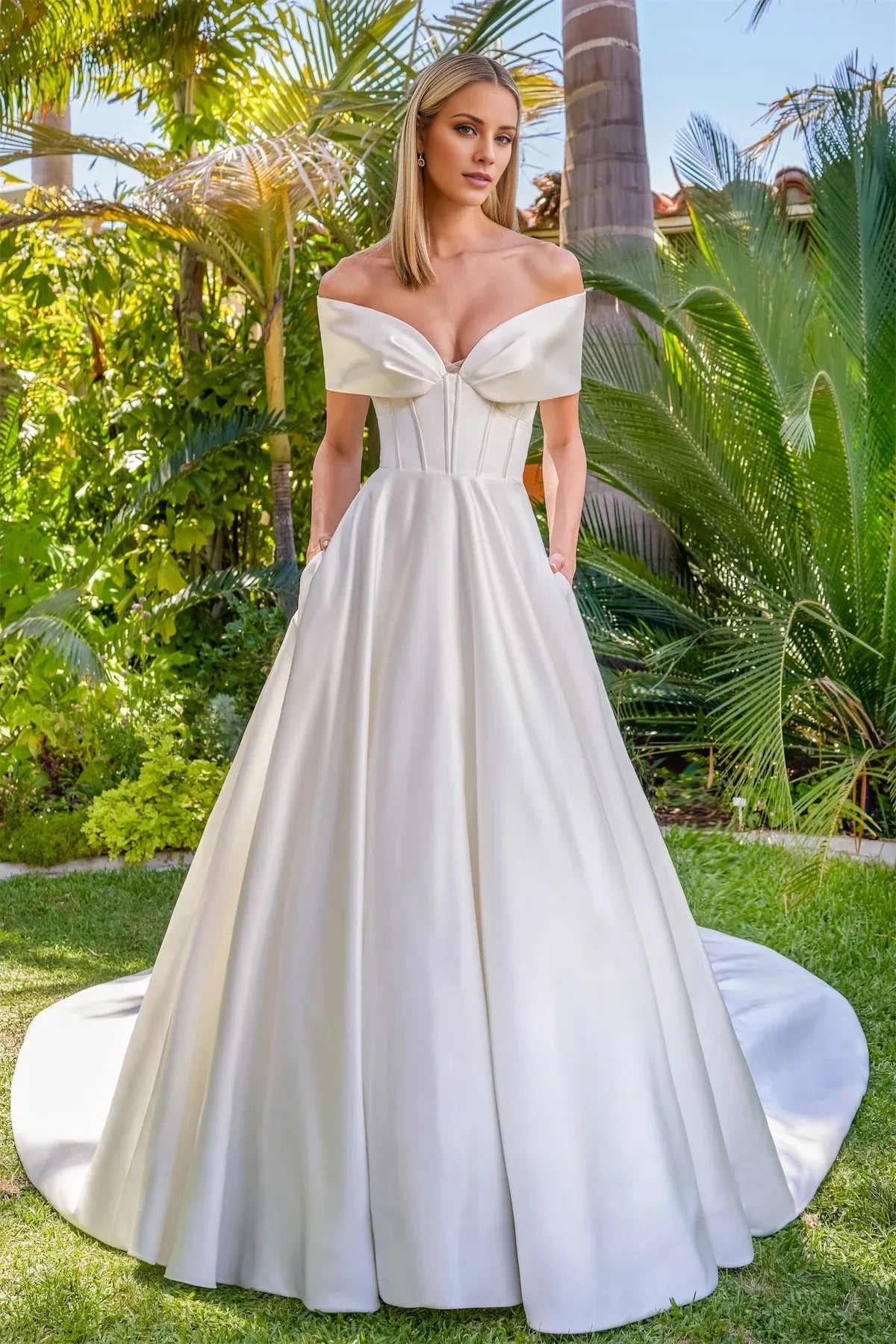 Elegant Off‑the‑Shoulder Satin Corset A‑Line Low Back Pocket Floor Garden Wedding Dress
