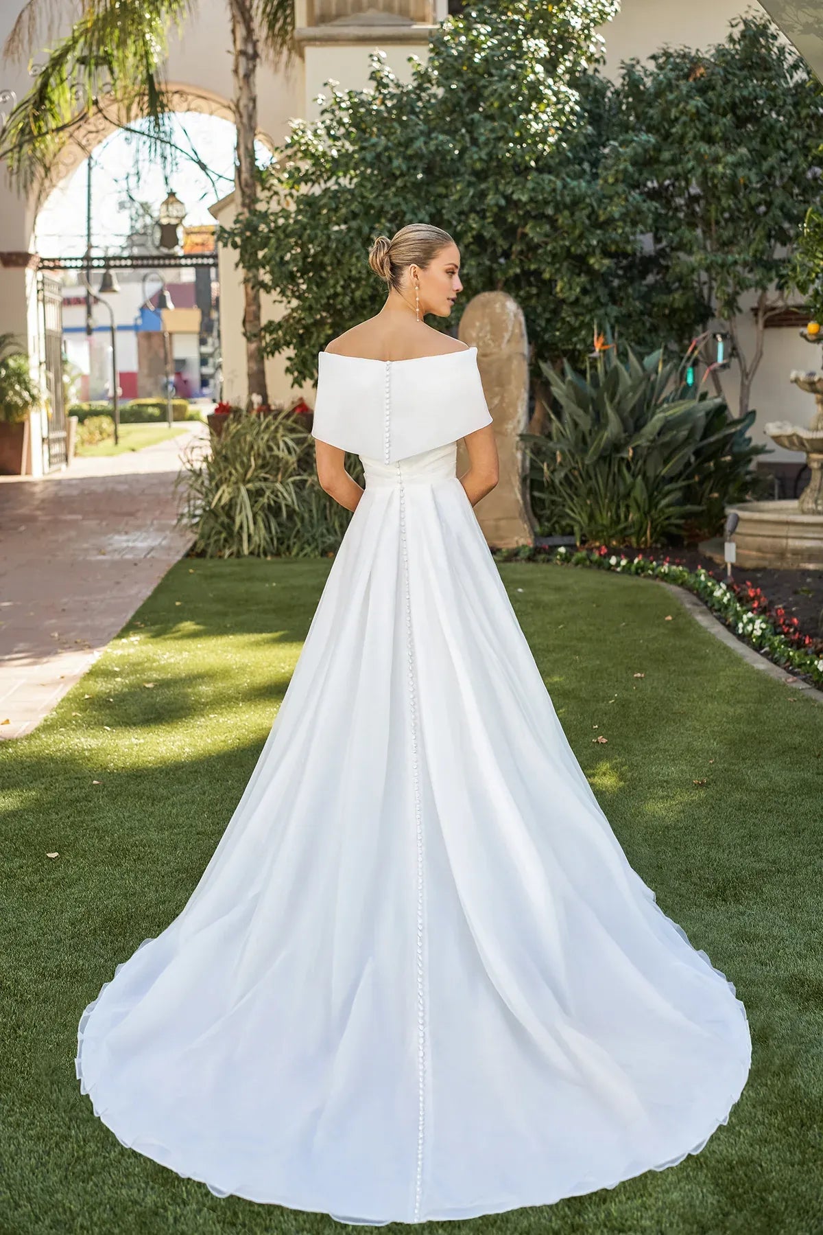 Elegant Off‑the‑Shoulder Satin Tulle A‑Line Low Back Slit Pearl Train Garden Wedding Dress