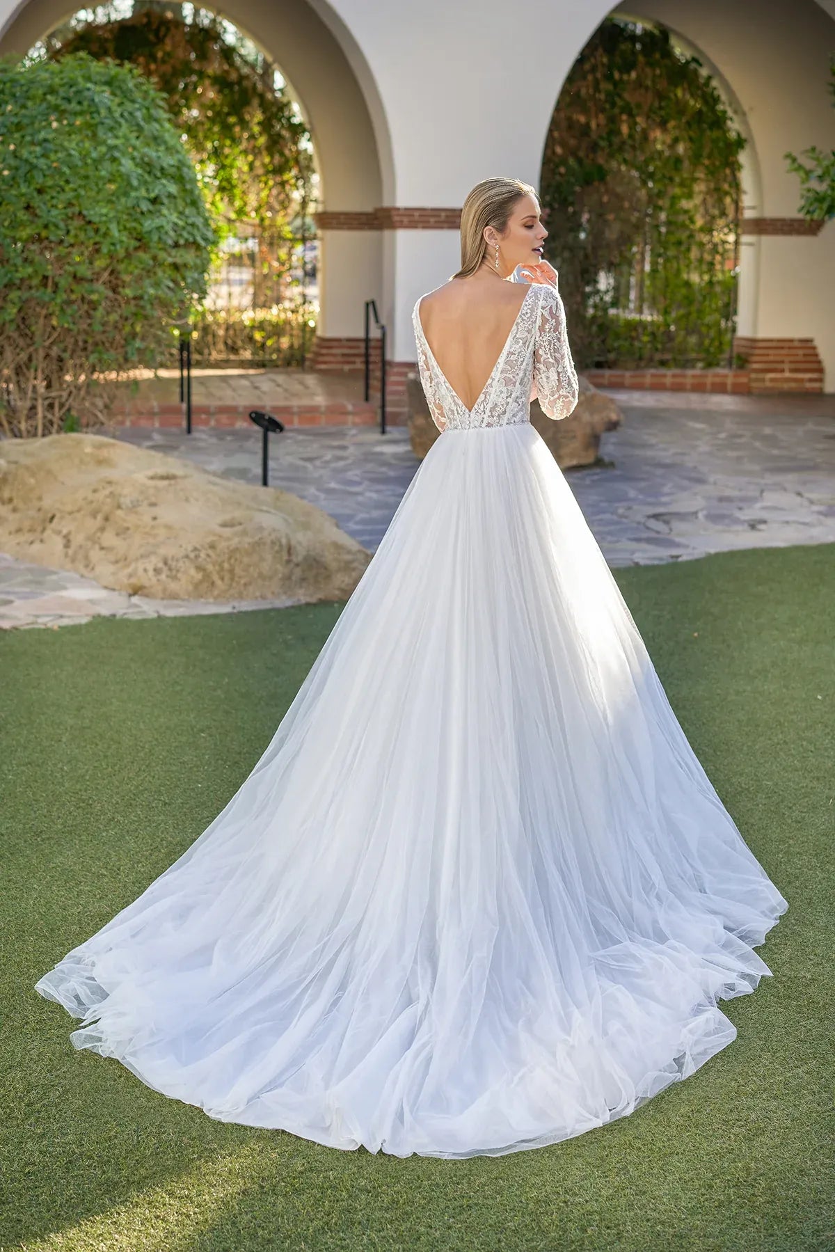 Elegant Square Neck Long Sleeve Lace Deep V Back A‑Line Floor Garden Wedding Dress