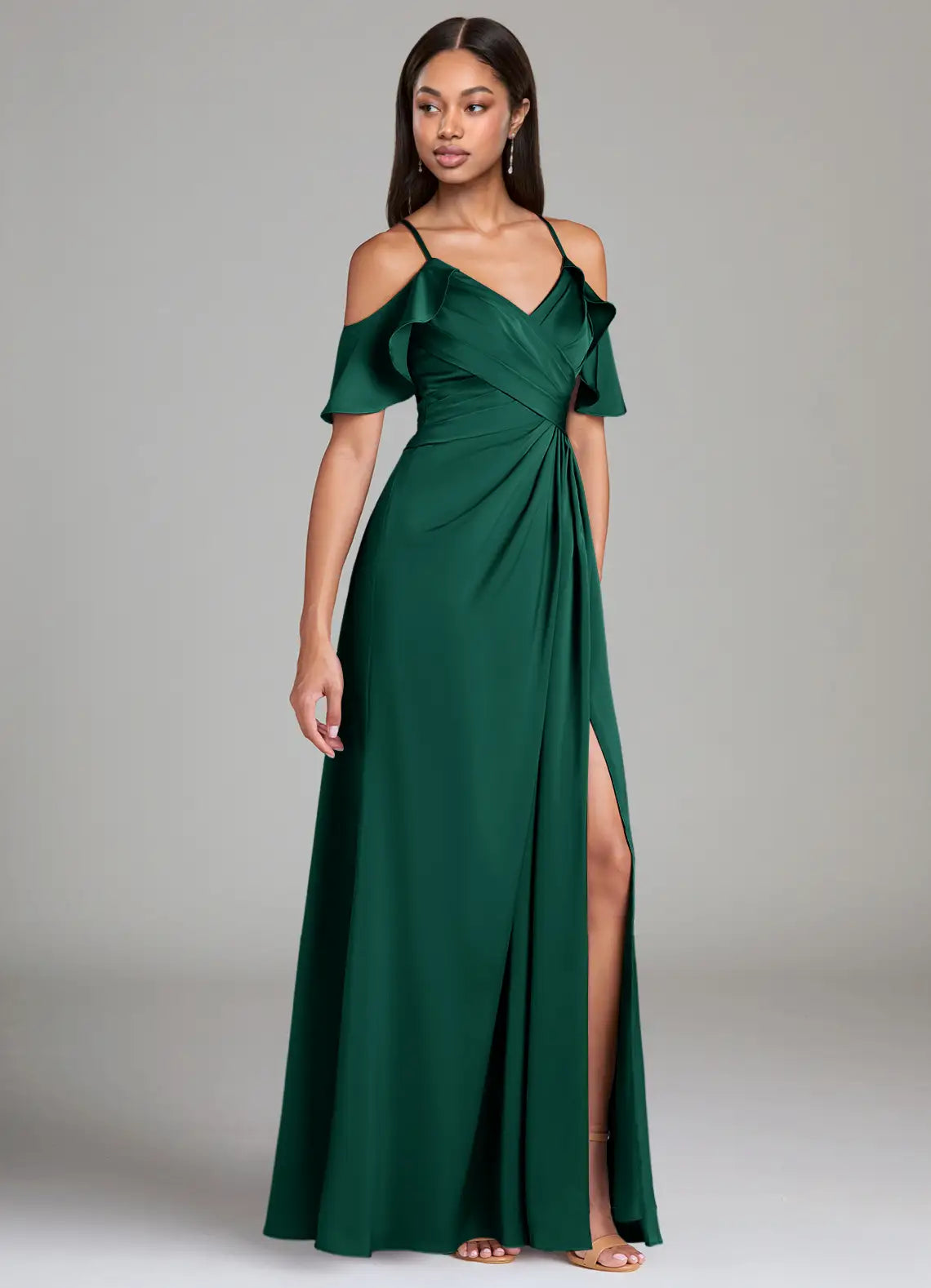 Emerald Cold Shoulder Ruffle V Neck Wrap Ruched High Slit Maxi Satin Bridesmaid Dress