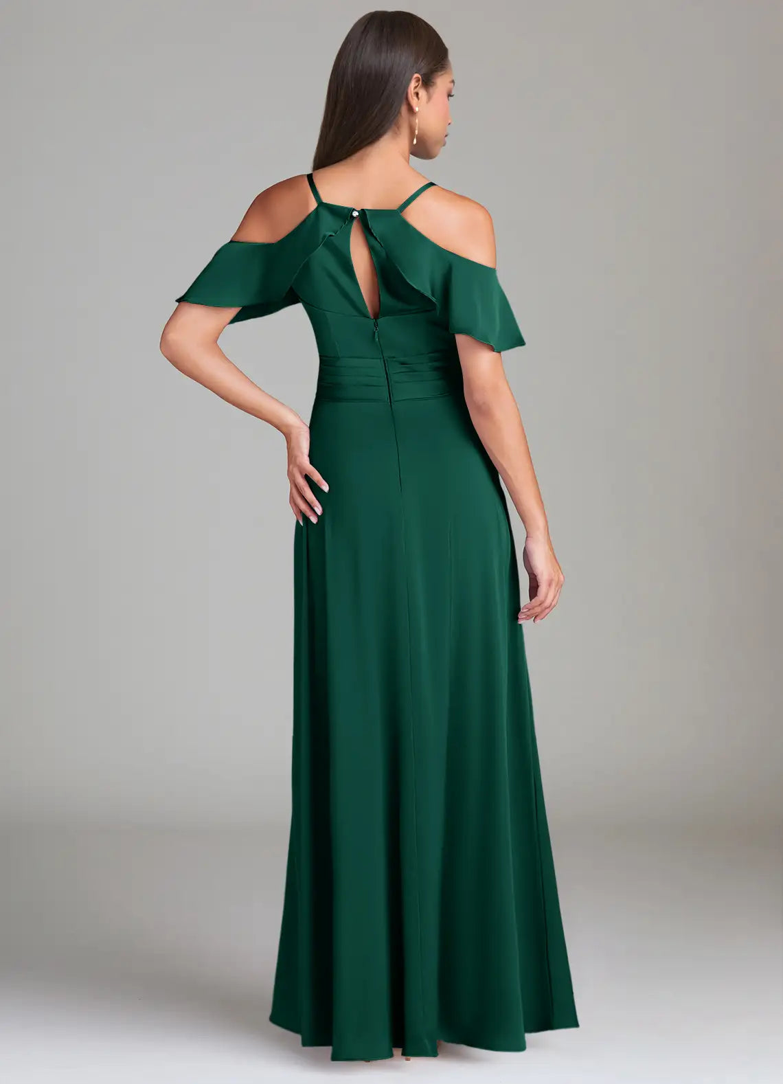 Emerald Cold Shoulder Ruffle V Neck Wrap Ruched High Slit Maxi Satin Bridesmaid Dress