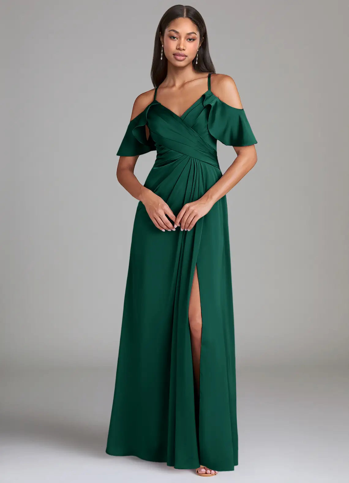 Emerald Cold Shoulder Ruffle V Neck Wrap Ruched High Slit Maxi Satin Bridesmaid Dress