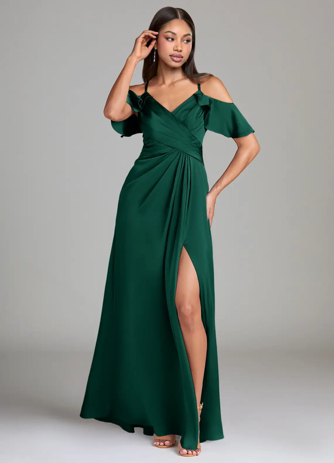 Emerald Cold Shoulder Ruffle V Neck Wrap Ruched High Slit Maxi Satin Bridesmaid Dress