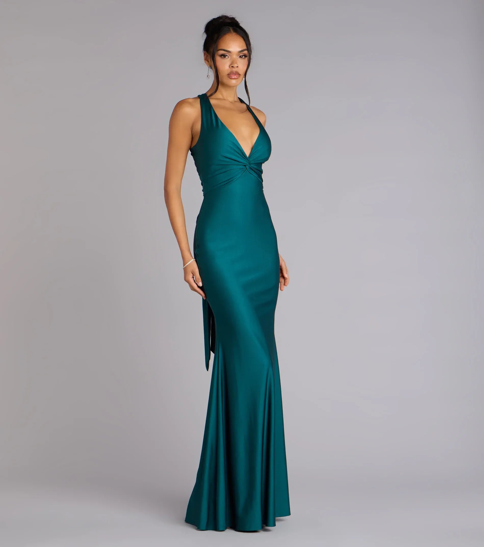 Emerald Green Satin Halter Twist Front Cross Tie Back Bow Mermaid Floor Length Wedding Guest Dresses