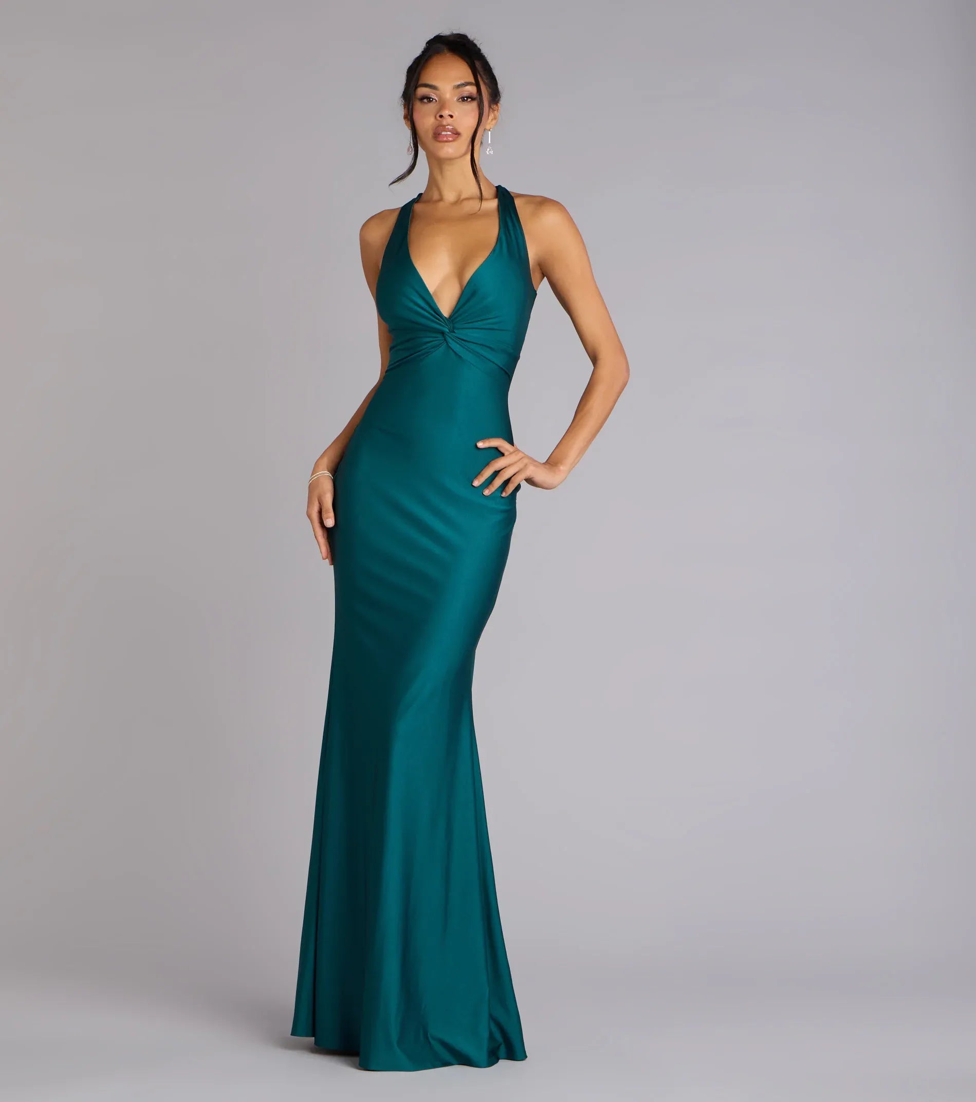 Emerald Green Satin Halter Twist Front Cross Tie Back Bow Mermaid Floor Length Wedding Guest Dresses